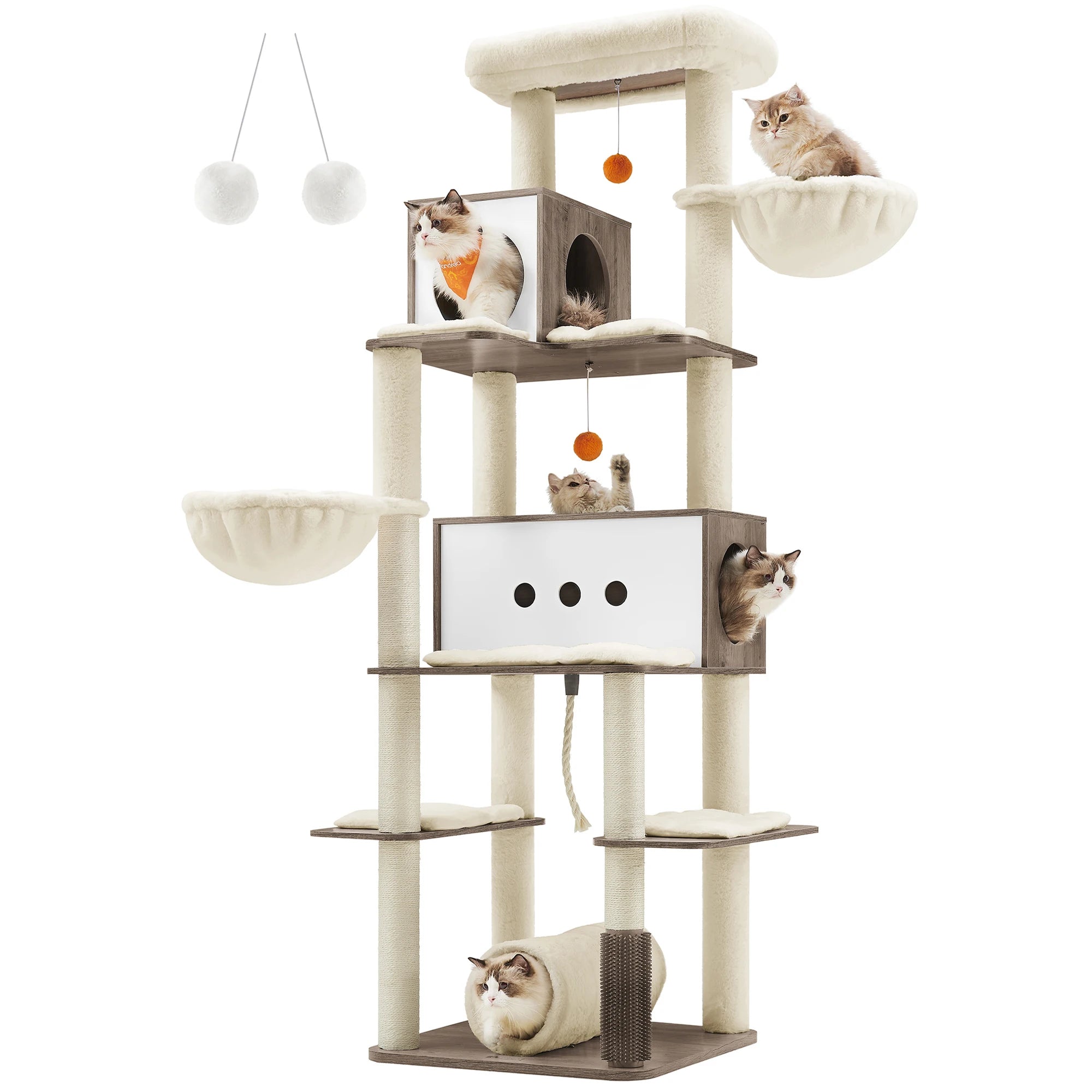 XXL Kattenkrabpaal 197 cm – Grote Kattenboom met 2 Huisjes, Ligplaatsen en Speelgoed – Moderne Krabpaal voor Meerdere Katten