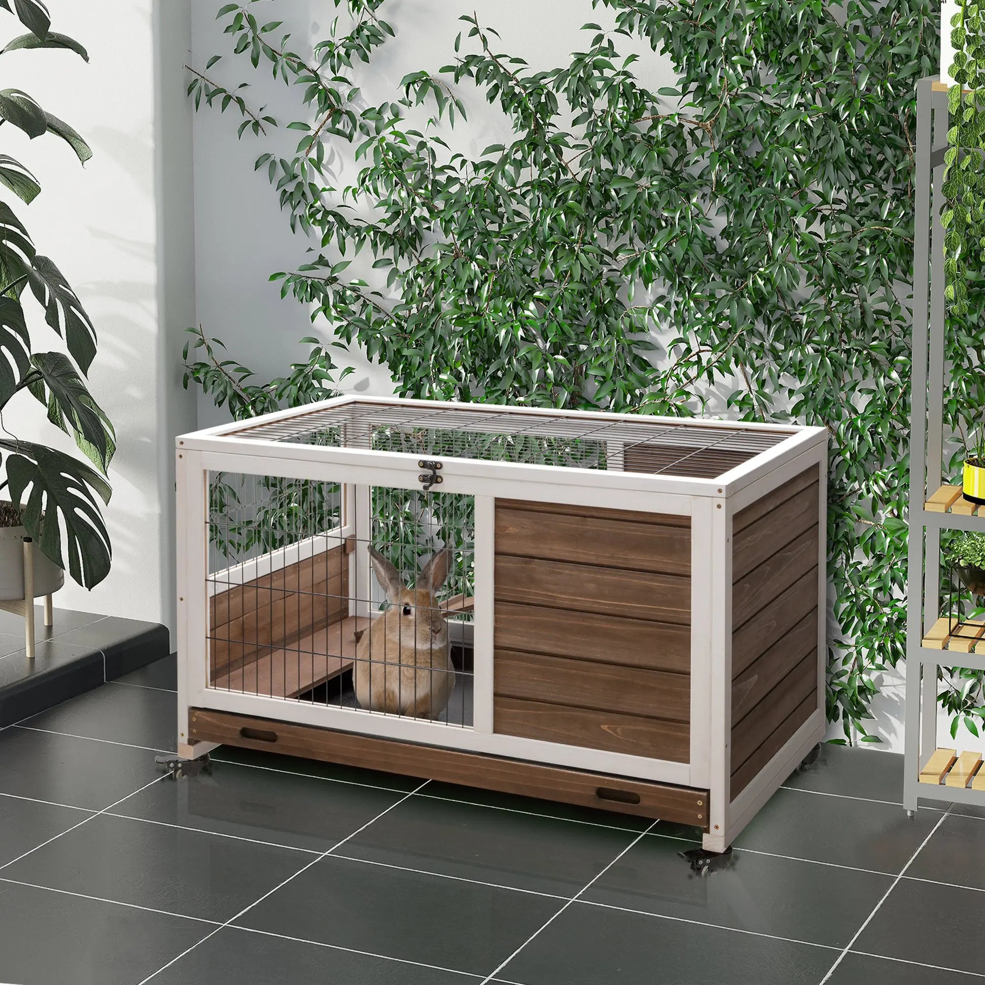 Konijnenkooi met Open Dak en Lade 90×53×59 cm – Houten Konijnenhok met Wielen voor Konijnen en Cavia’s