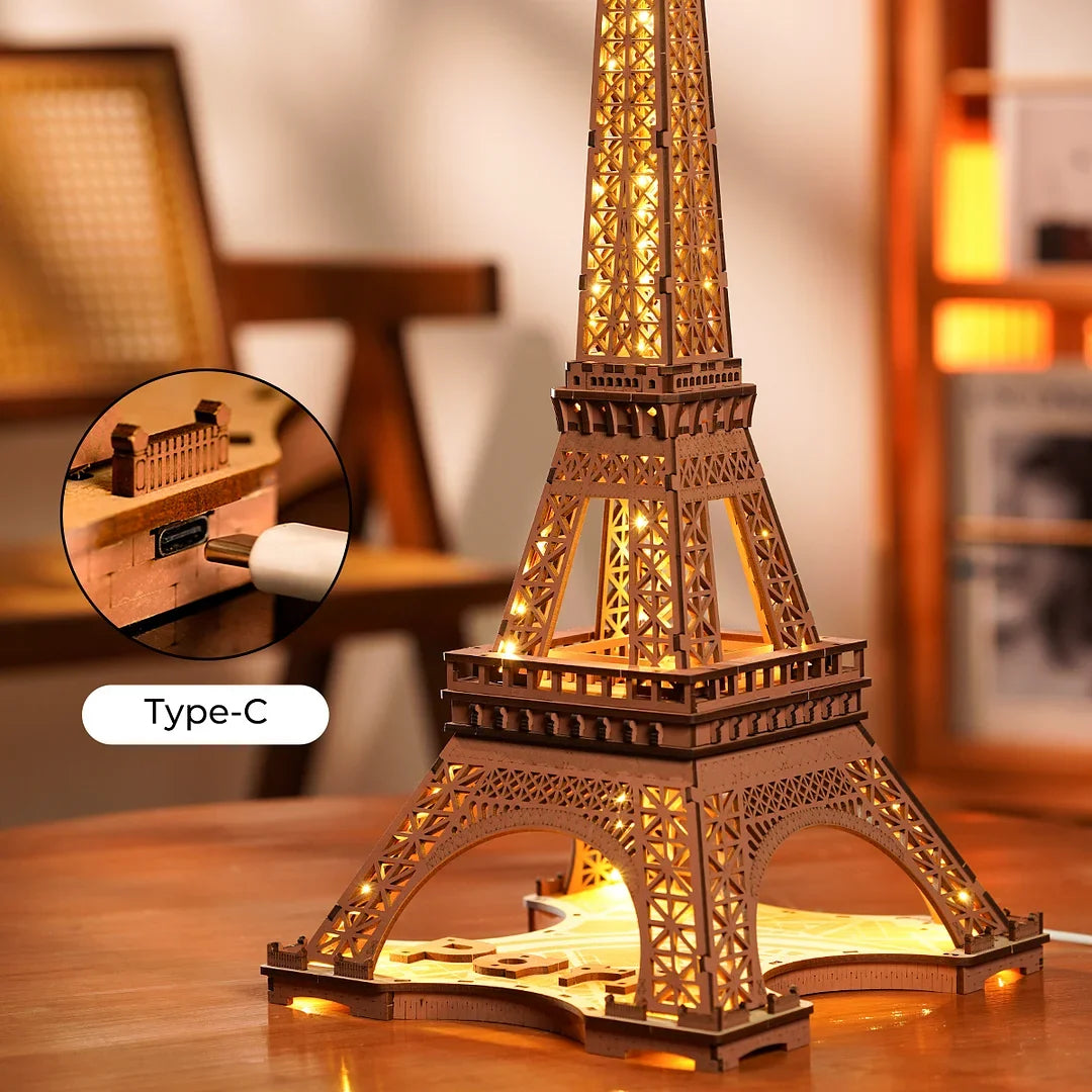 3D Houten Puzzel Eiffeltoren met LED Verlichting – Miniatuur Bouwpakket voor Volwassenen en Tieners – Decoratieve Modelbouw Set