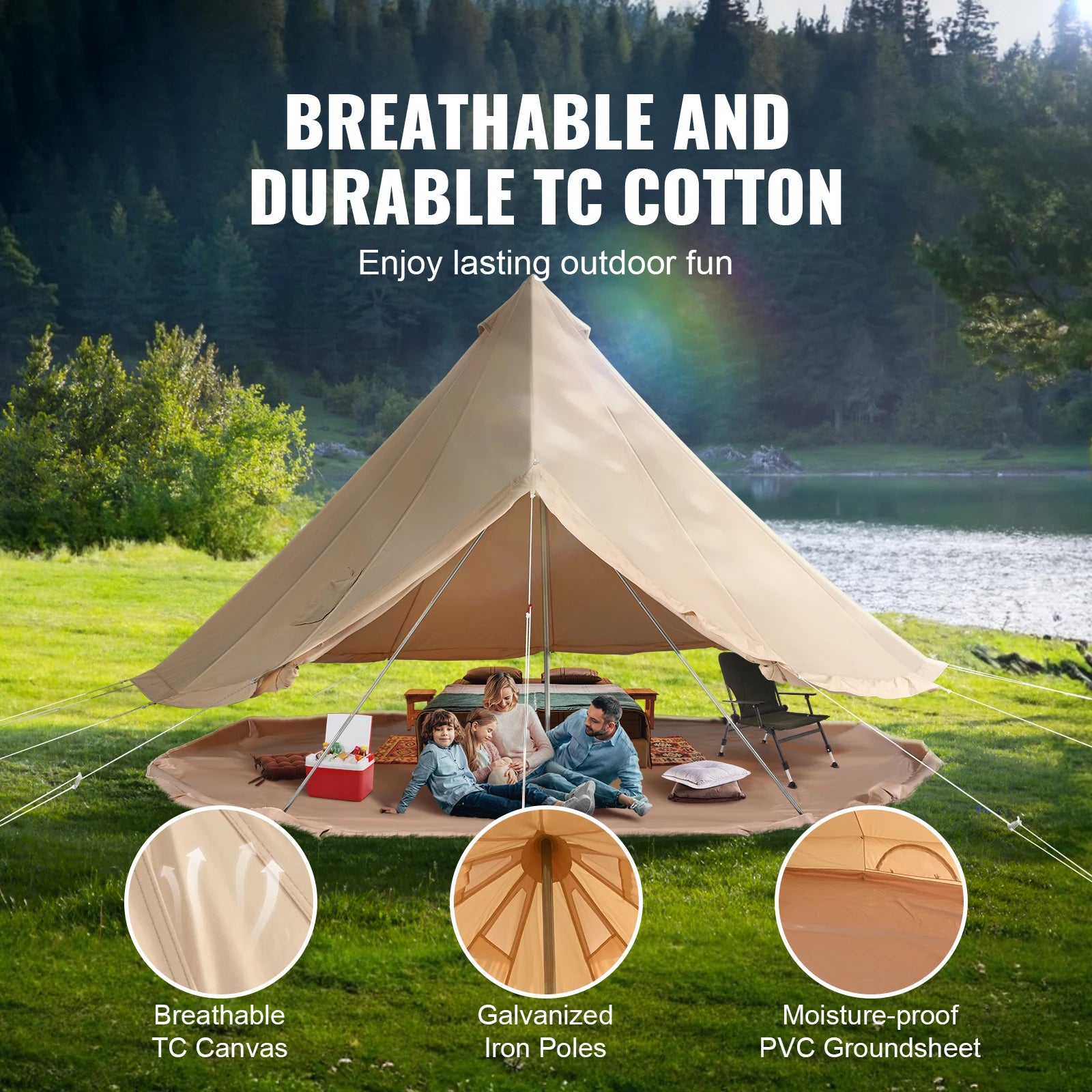 Canvas Bell Tent 5m – 4 Seizoenen Yurt Tent voor 8 Personen met Kachelaansluiting & Waterdicht Grondzeil