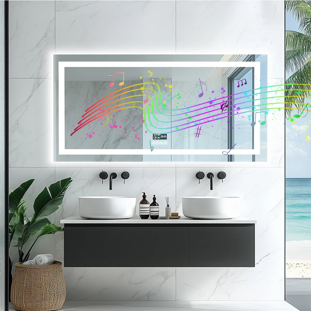LED Badkamerspiegel met Bluetooth Speaker, Dimbare Verlichting, Anti-Condens & Display – Moderne Badkamerspiegel met Verlichting