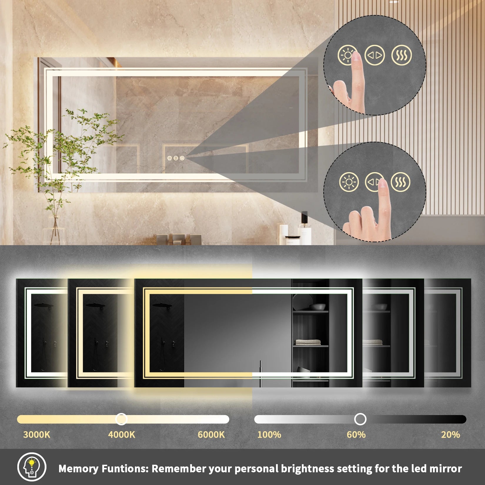 LED Badkamerspiegel Rechthoekig – Dimbaar Licht & Anti-Condens (3000K-6000K)