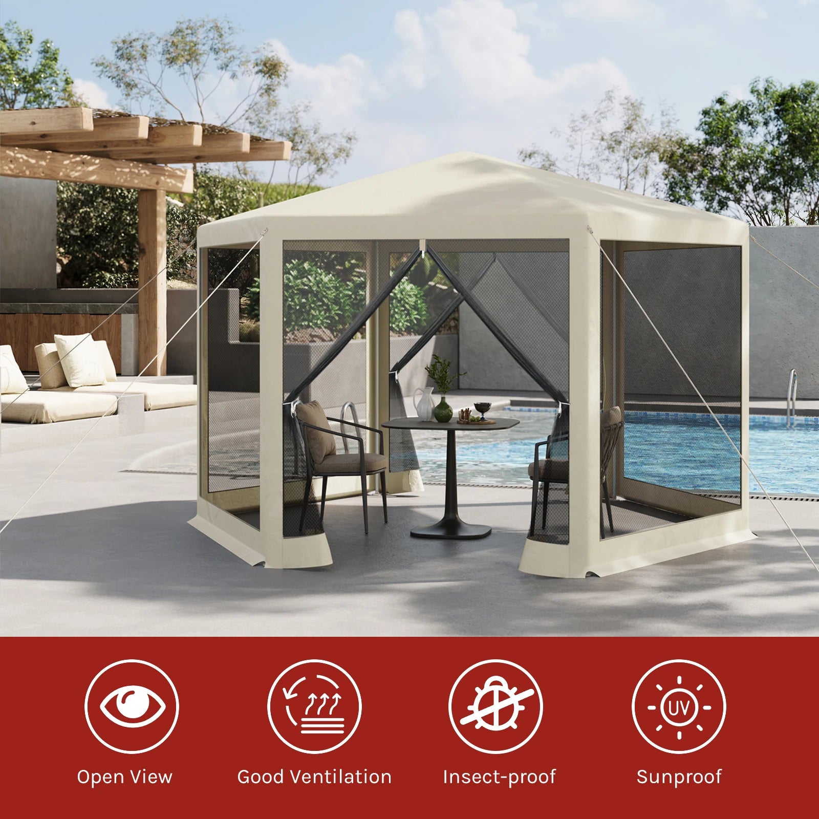 Tuinpaviljoen 3,8 x 3,3 m met Klamboe – Tuinhuisje met Mesh Zijwanden, UV-Bescherming & Luifel voor Tuin en Terras