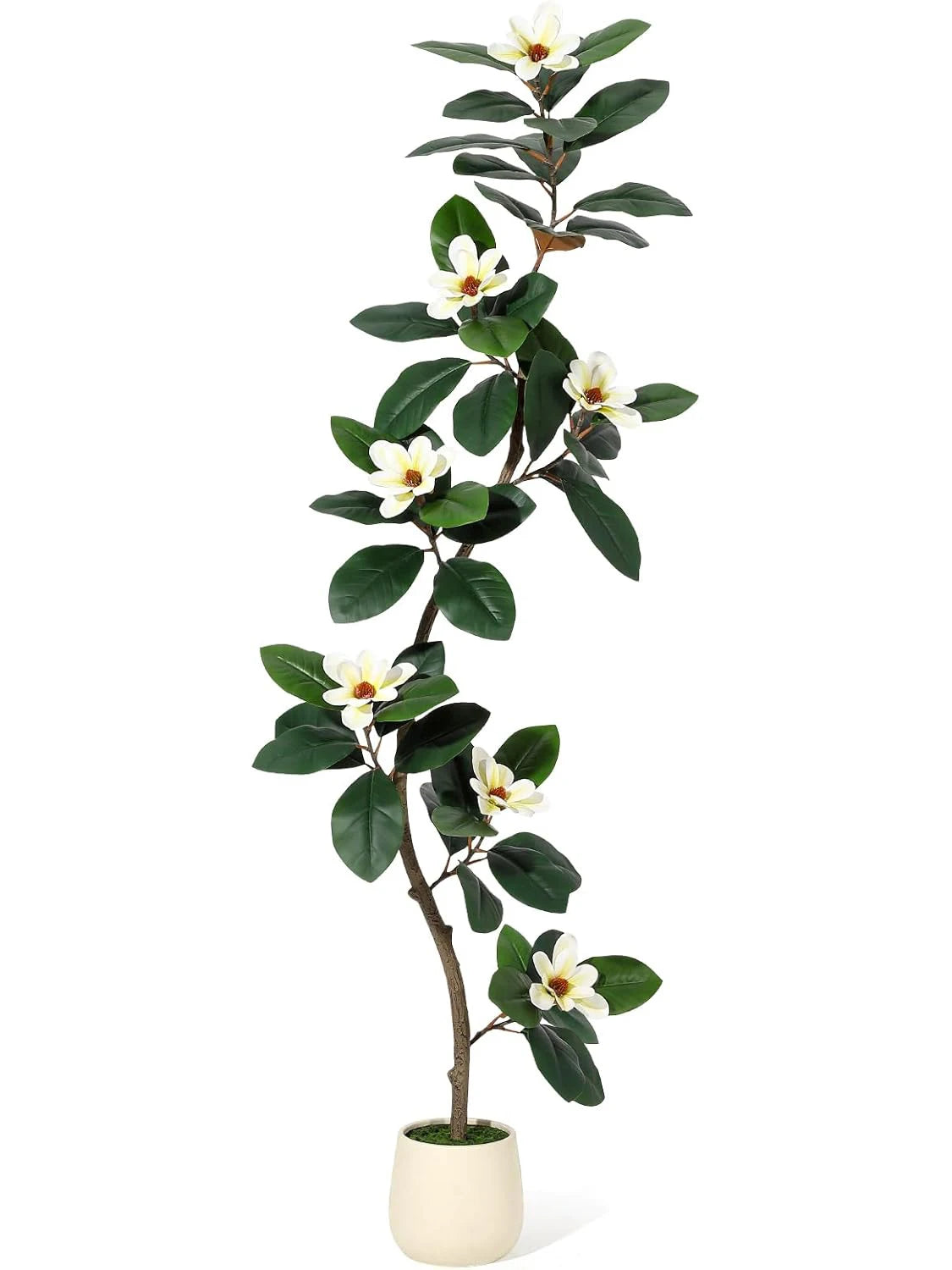Kunstmatige Rubberboom met Magnoliabloemen – S-vormige Nepplant in Witte Pot voor Binnen, Realistische Kunstplant Groot Formaat