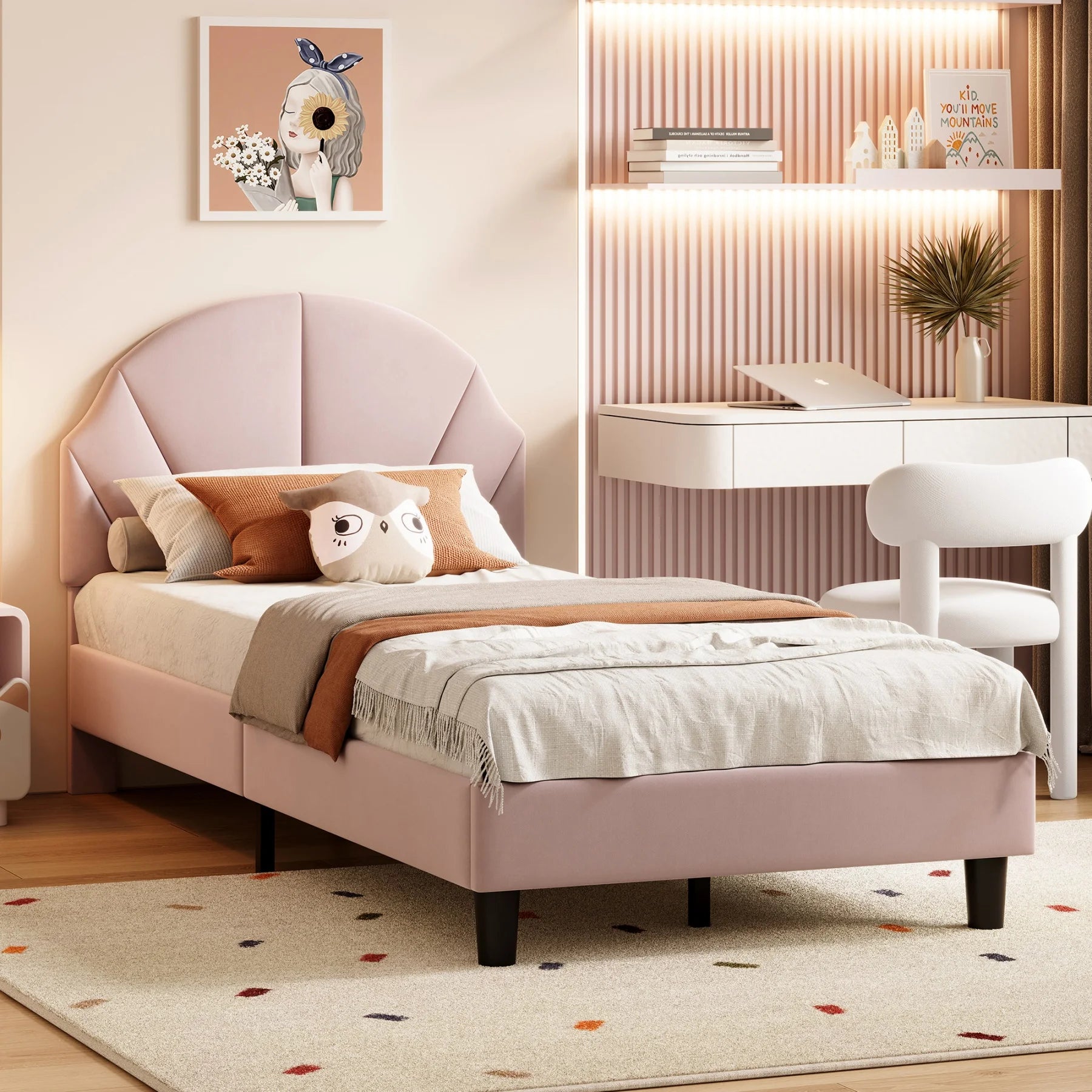 Kinderbed 90x200 Meisjesbed Fluweel Bloemenkroon – Speels & Stijlvol