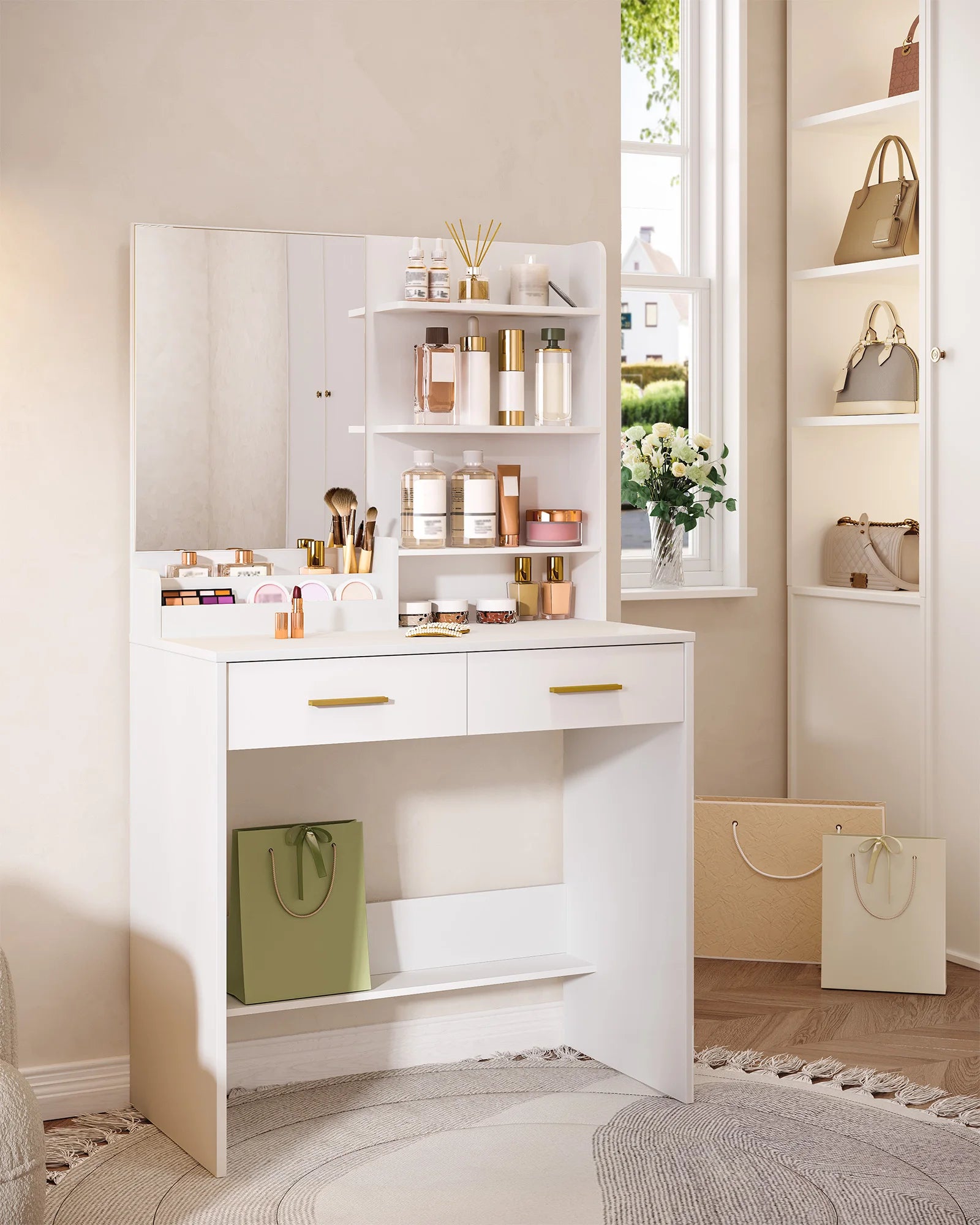 Kaptafel met Spiegel en Lades – Witte Make-up Tafel met Opbergruimte, 4 Open Planken & 2 Lades – Moderne Vanity Tafel Slaapkamer