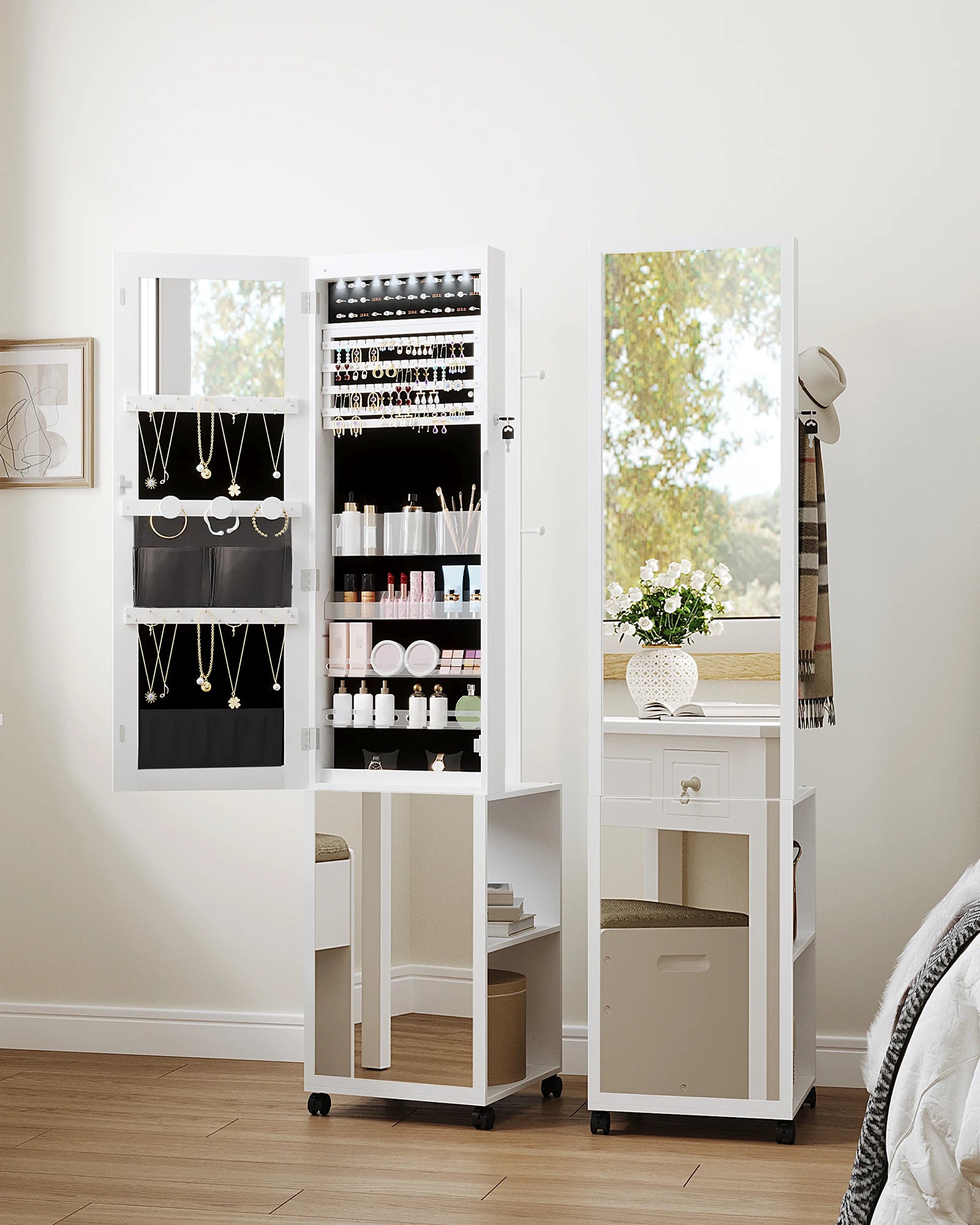 Sieradenkast met Spiegel en LED Verlichting – Staande Sieraden Organizer met Kledingrek, Opbergrek en Wielen
