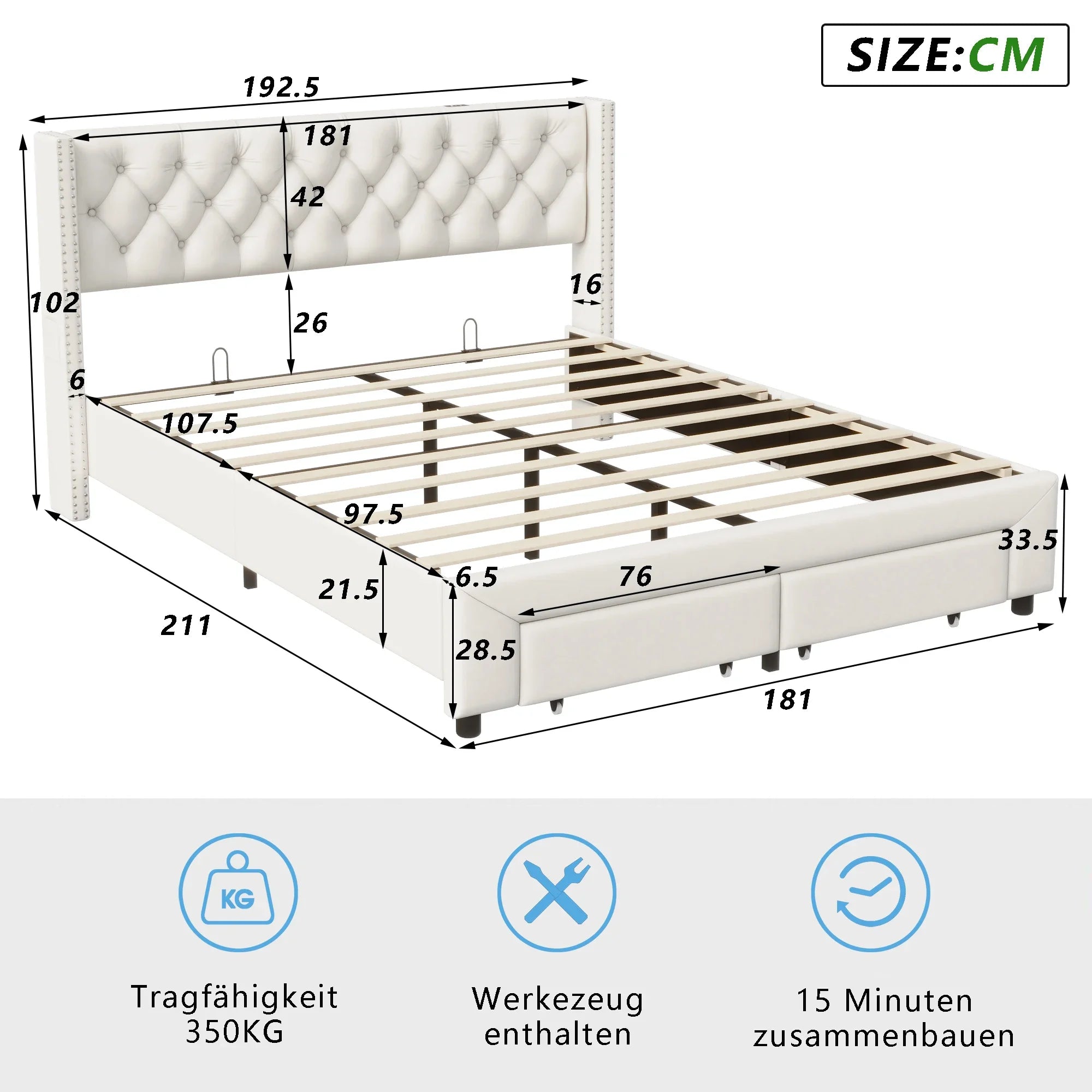 Fluwelen tweepersoonsbed met LED-verlichting, USB-poort en opberglades