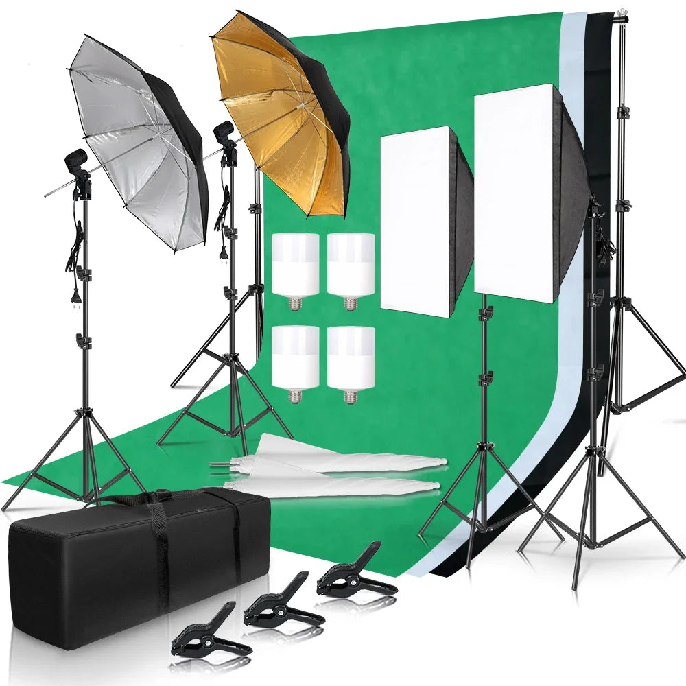 Fotografie Reflector Set 2,6x3M – 5-in-1 Softbox, Paraplu’s, Achtergrondstandaard en LED Studioverlichting voor Professionele Foto’s