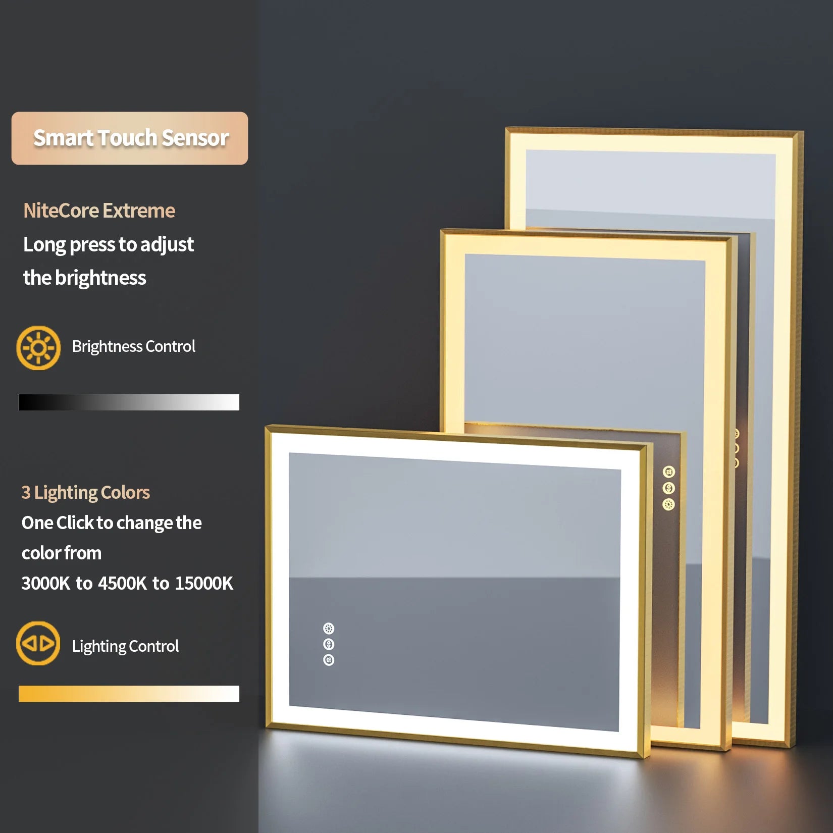 LED Badkamerspiegel Goud Frame – Dimbaar met 3 Lichtkleuren & Anti-Condens