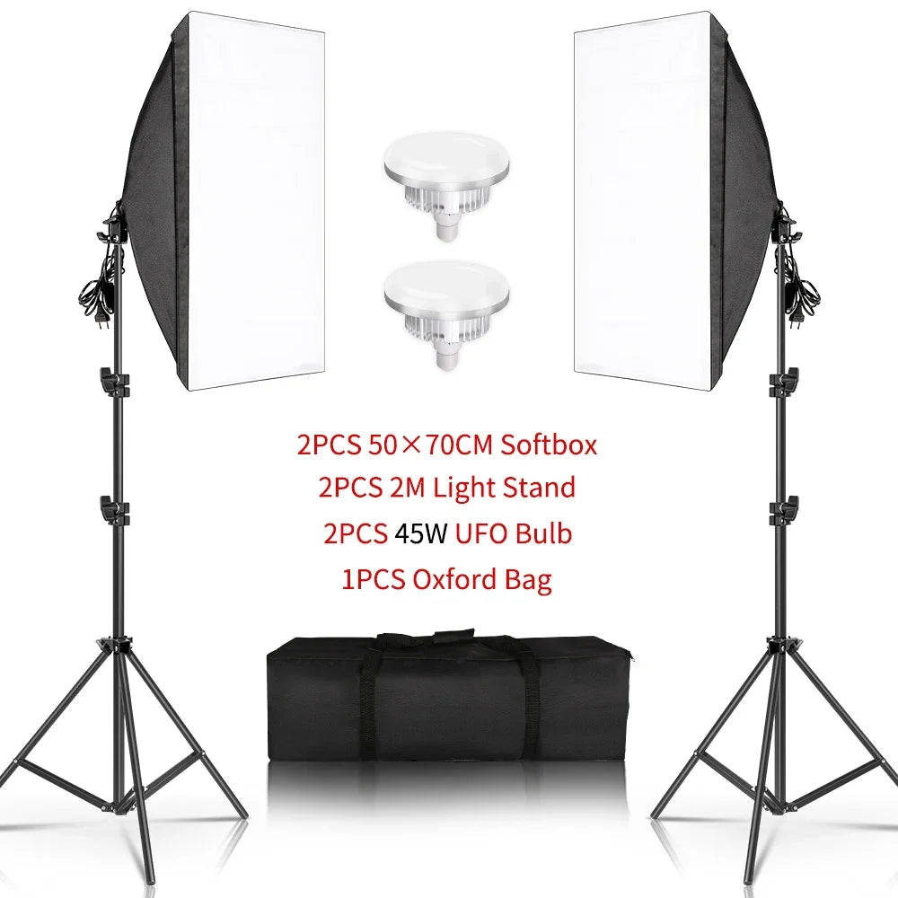 Professionele Fotostudio Softbox Set 2x 50x70 cm LED met Verstelbaar Statief – Studioverlichting voor Fotografie en Video