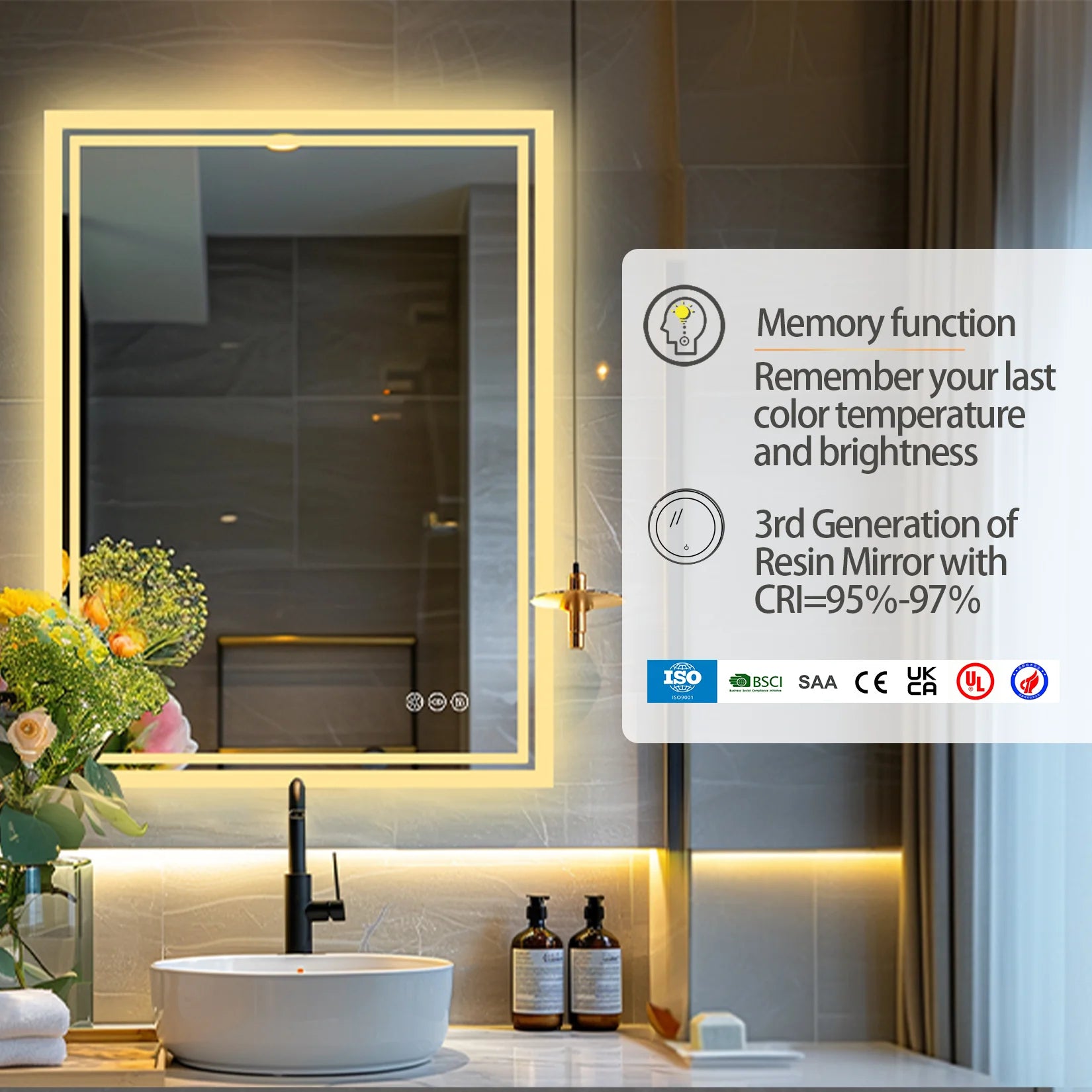 LED Badkamerspiegel met Verlichting – Dimbaar, Anti-Condens, Touch Bediening, IP65 Waterbestendig, Warm & Koel Licht
