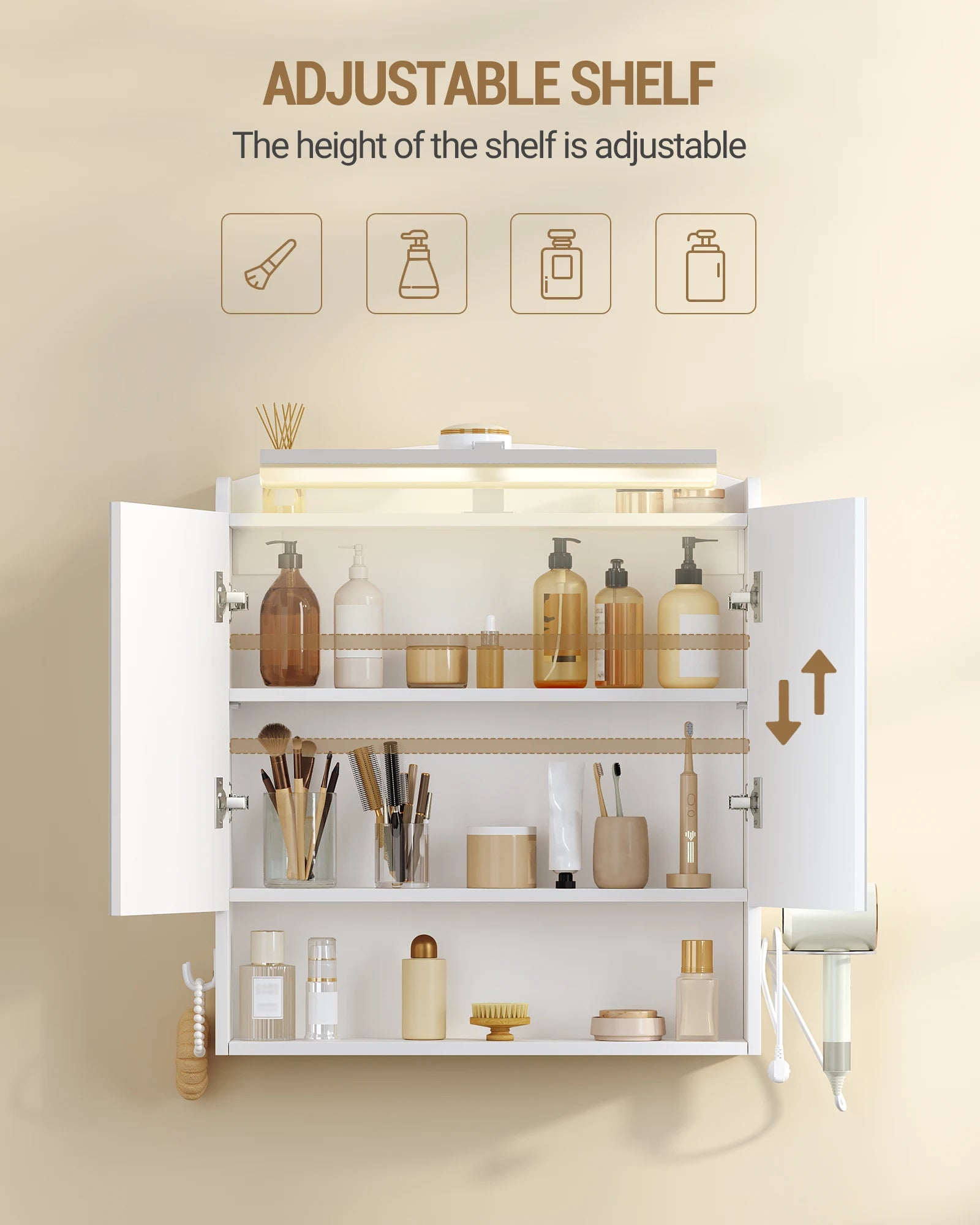 Badkamer Spiegelkast met LED Verlichting en Stopcontact – Wandkast met Spiegel, Opbergruimte, Föhnhouder en Haken – Modern Wit Design