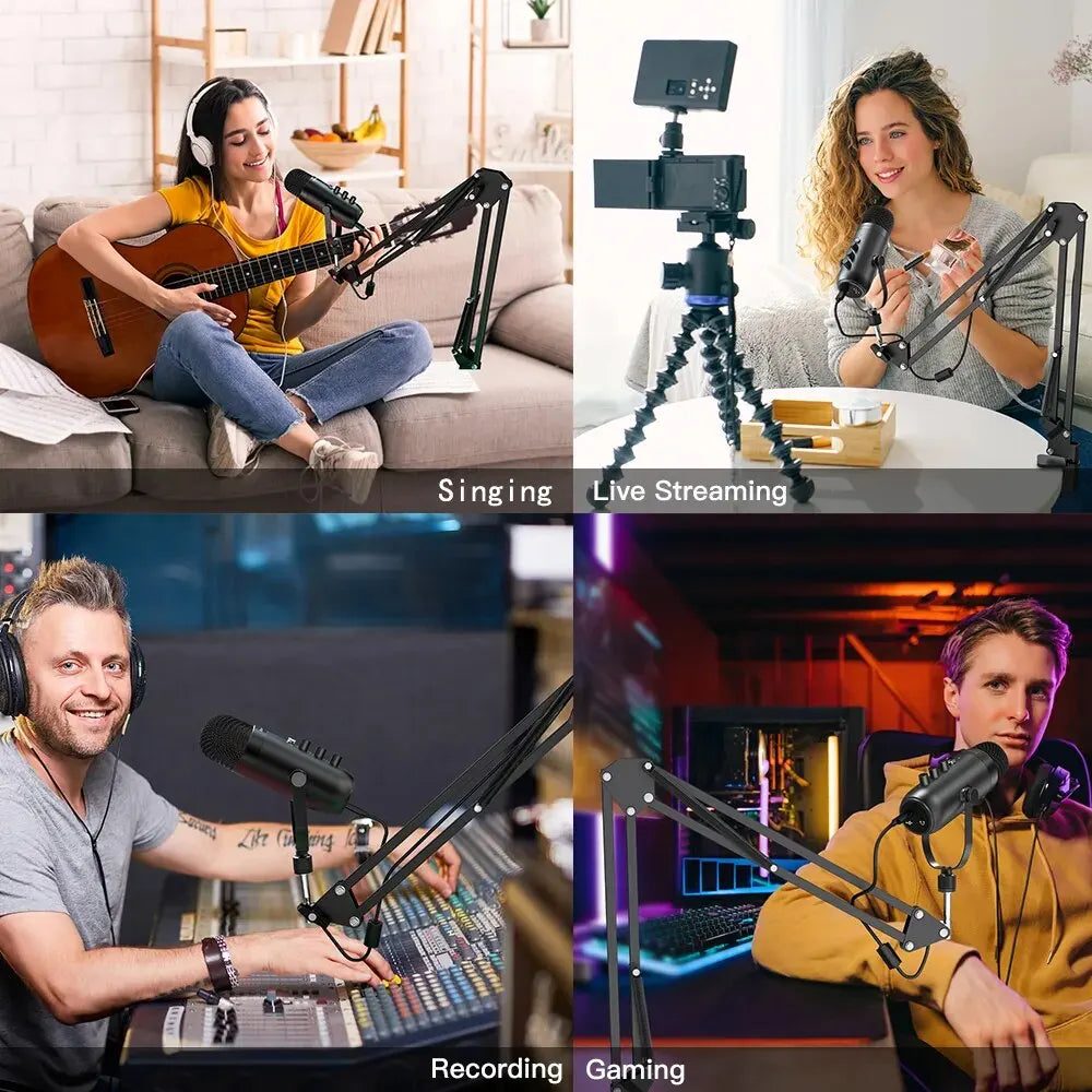 USB condensator microfoon set met boom arm – Cardioïde studio microfoon voor podcast, streaming en gaming