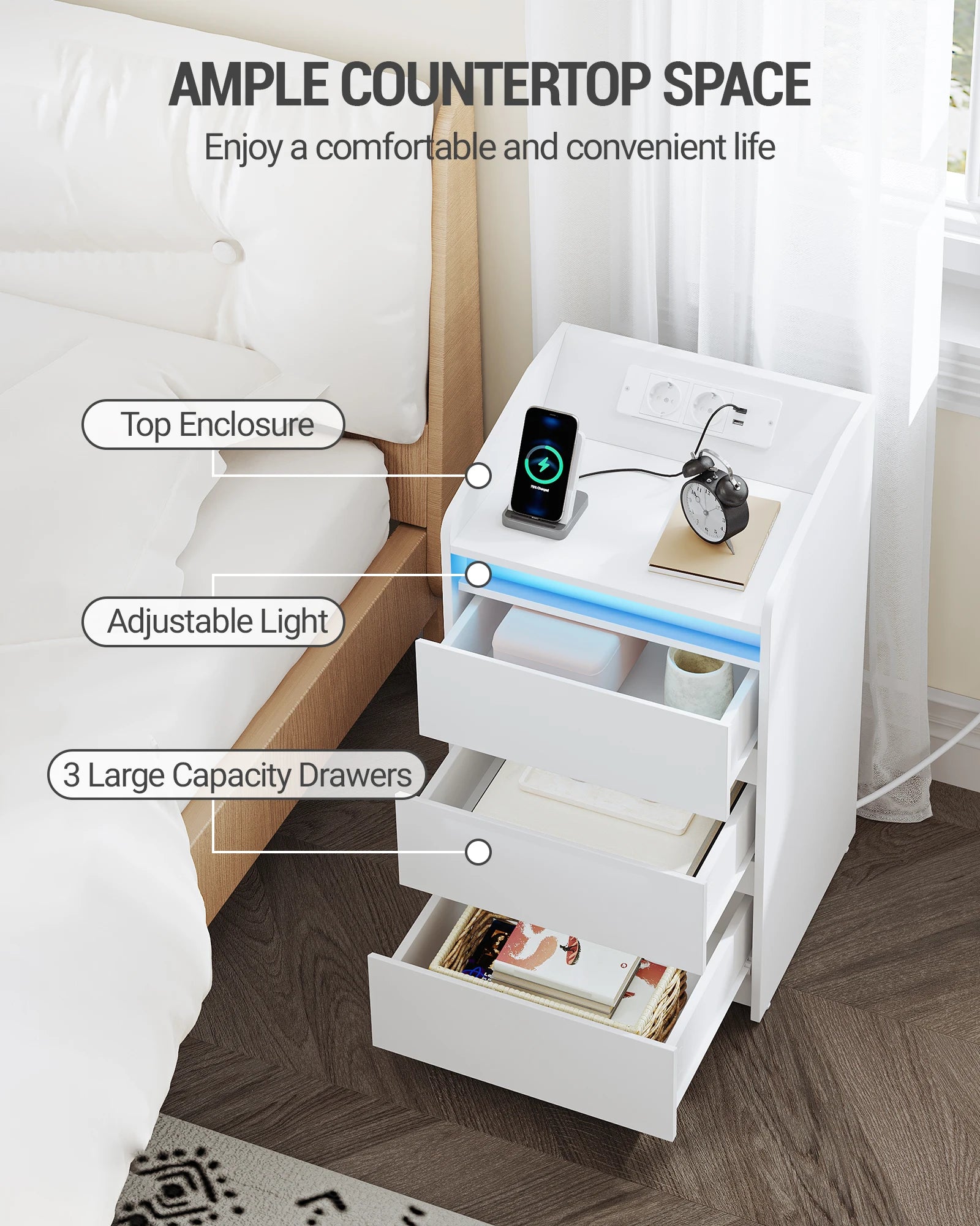 Nachtkastje met 3 Laden, LED Verlichting & Oplaadstation – Modern Wit Bijzettafel met USB en Stopcontact