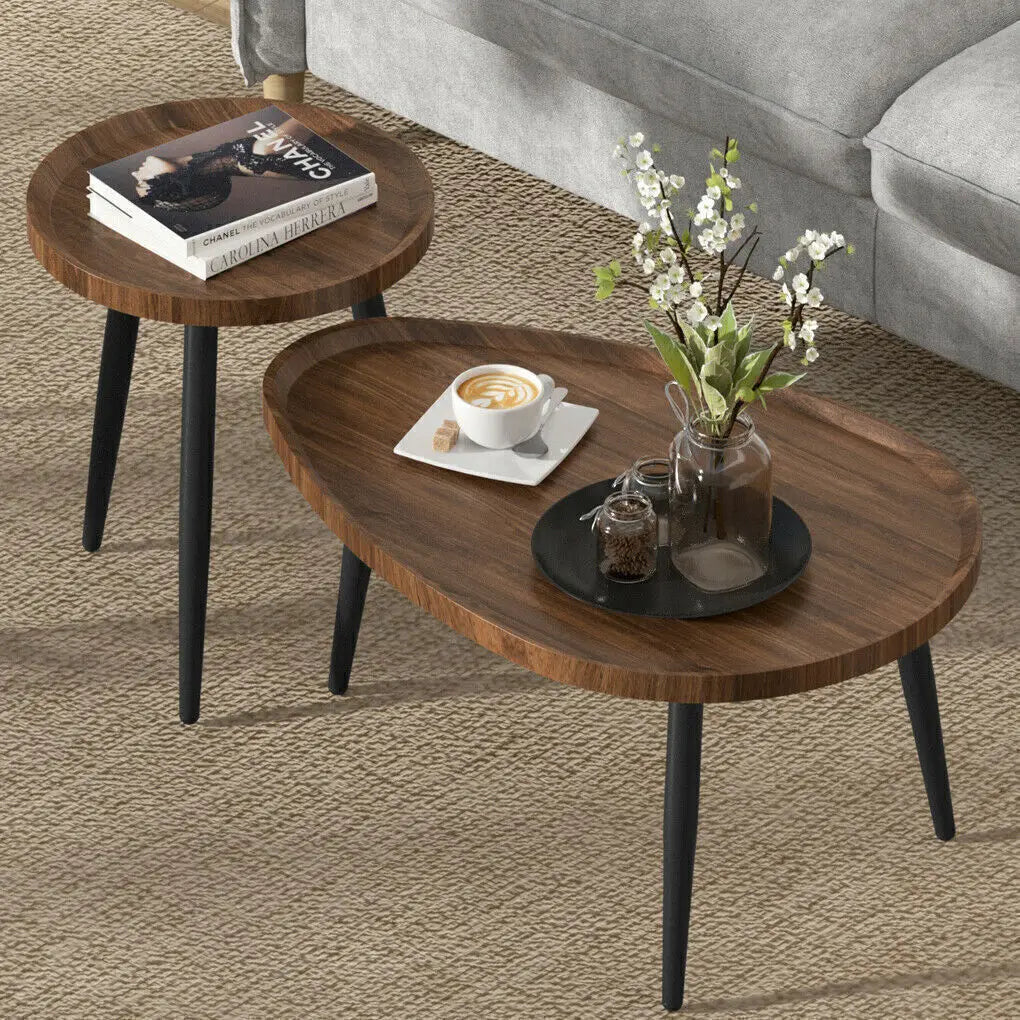 Moderne Set van 2 Ronde Salontafels – Nesting Bijzettafels met Houtlook Blad en Zwarte Metalen Poten – Industriële Salontafel Set