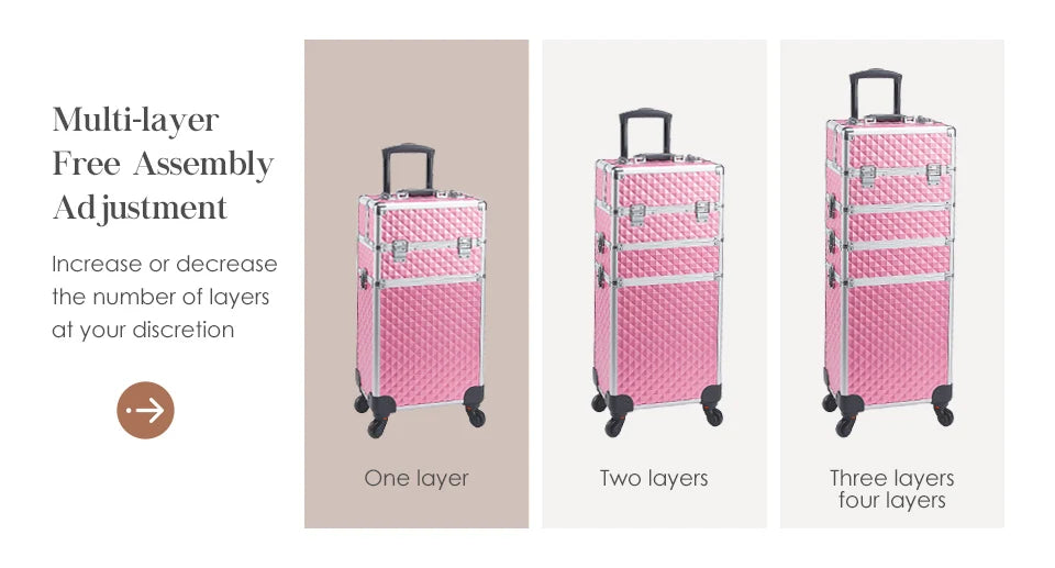 Professionele Make-up Trolley Koffer 4-in-1 – Aluminium Opbergkoffer met Wieltjes en Afneembare Compartimenten – Voor Cosmetica, Nageltools en Reis