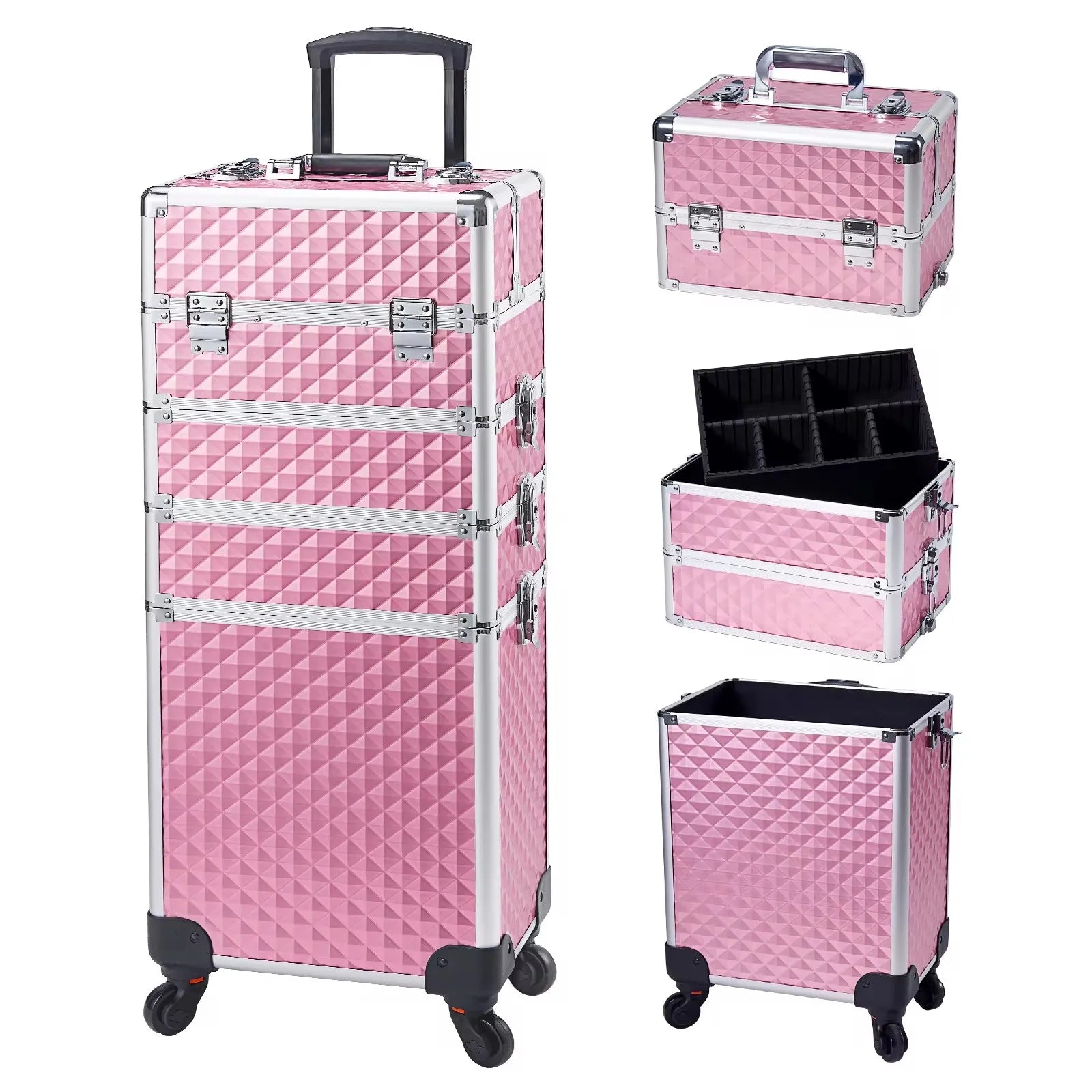 Professionele Make-up Trolley Koffer 4-in-1 – Aluminium Opbergkoffer met Wieltjes en Afneembare Compartimenten – Voor Cosmetica, Nageltools en Reis