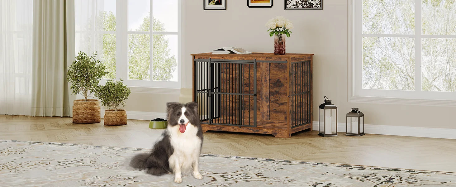 Houten Hondenbench Meubel XL met Schuifdeur – Design Hondenkooi voor Grote Honden – Industrieel Bijzettafel & Bench in Één