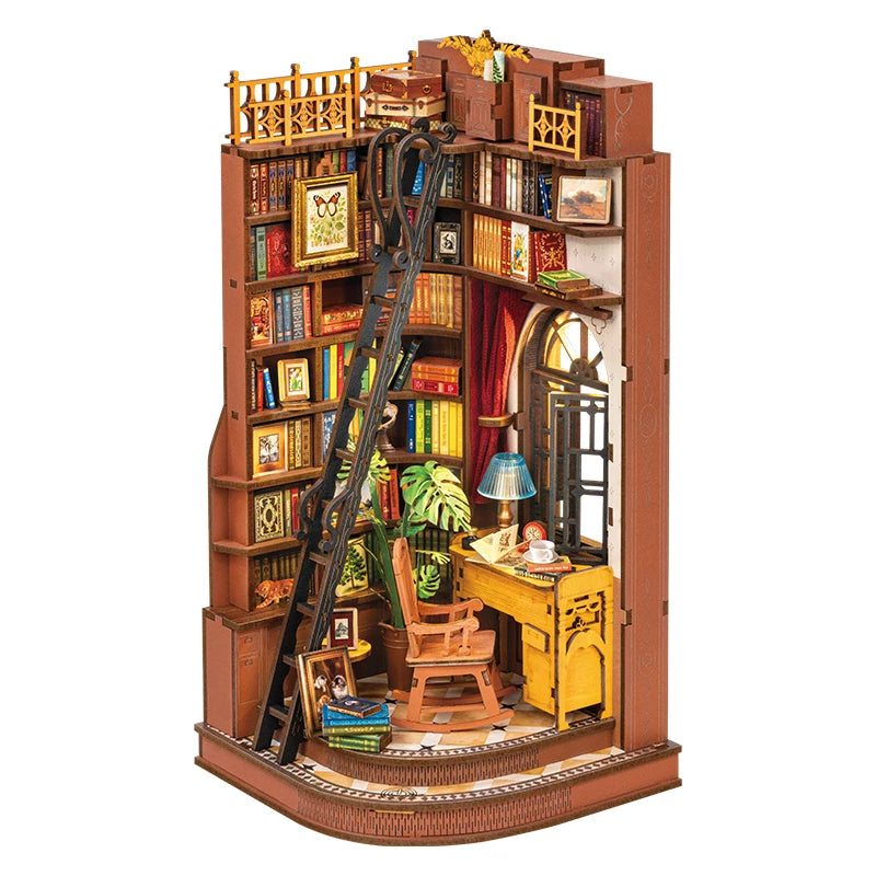 DIY Book Nook Miniatuur Bibliotheek met LED Verlichting – Britse Stijl Boekensteun Bouwpakket – Decoratieve Boekenplank Insert voor Boekenkast