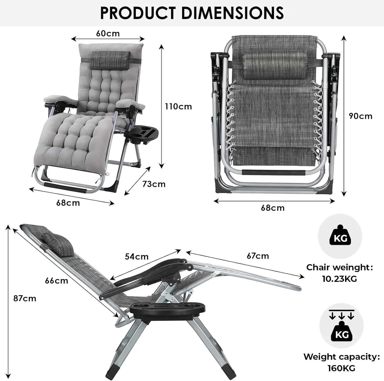 Opvouwbare Zero Gravity Lounge Stoel XXL – Verstelbare Tuinligstoel met Kussen en Bekerhouder – Belastbaar tot 160 kg