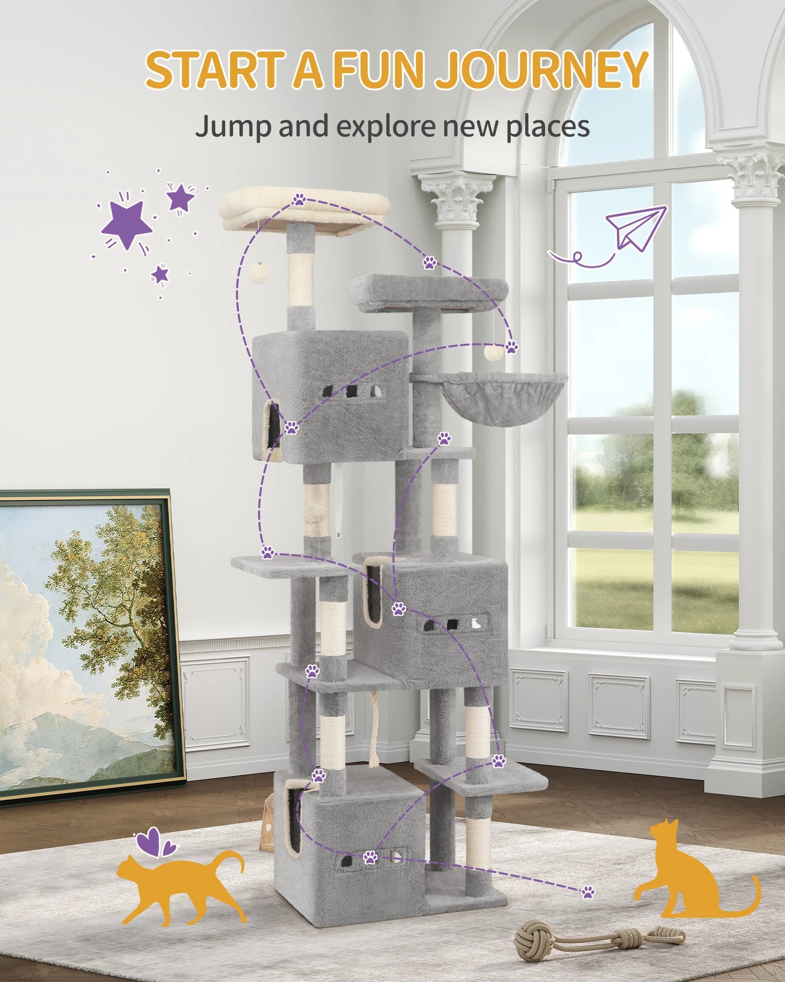 XXL Kattenboom 193 cm – Grote Krabpaal met 7 Niveaus, 3 Kattenhuizen, Platforms & Sisal Krabpalen voor Meerdere Katten