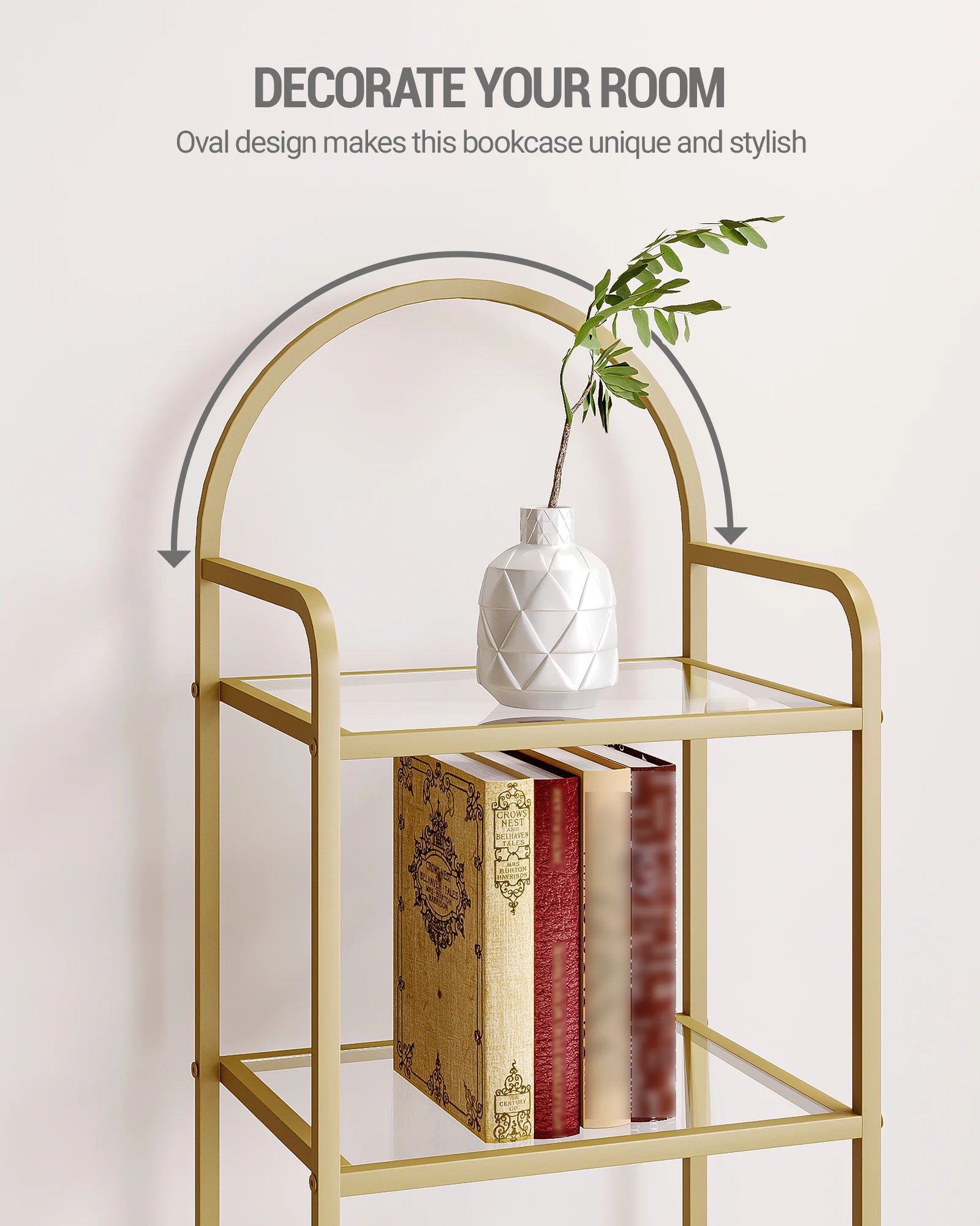 Smalle Boekenkast met Glazen Planken en Goud Stalen Frame – Moderne Open Kast 5 Niveaus voor Woonkamer, Slaapkamer en Badkamer