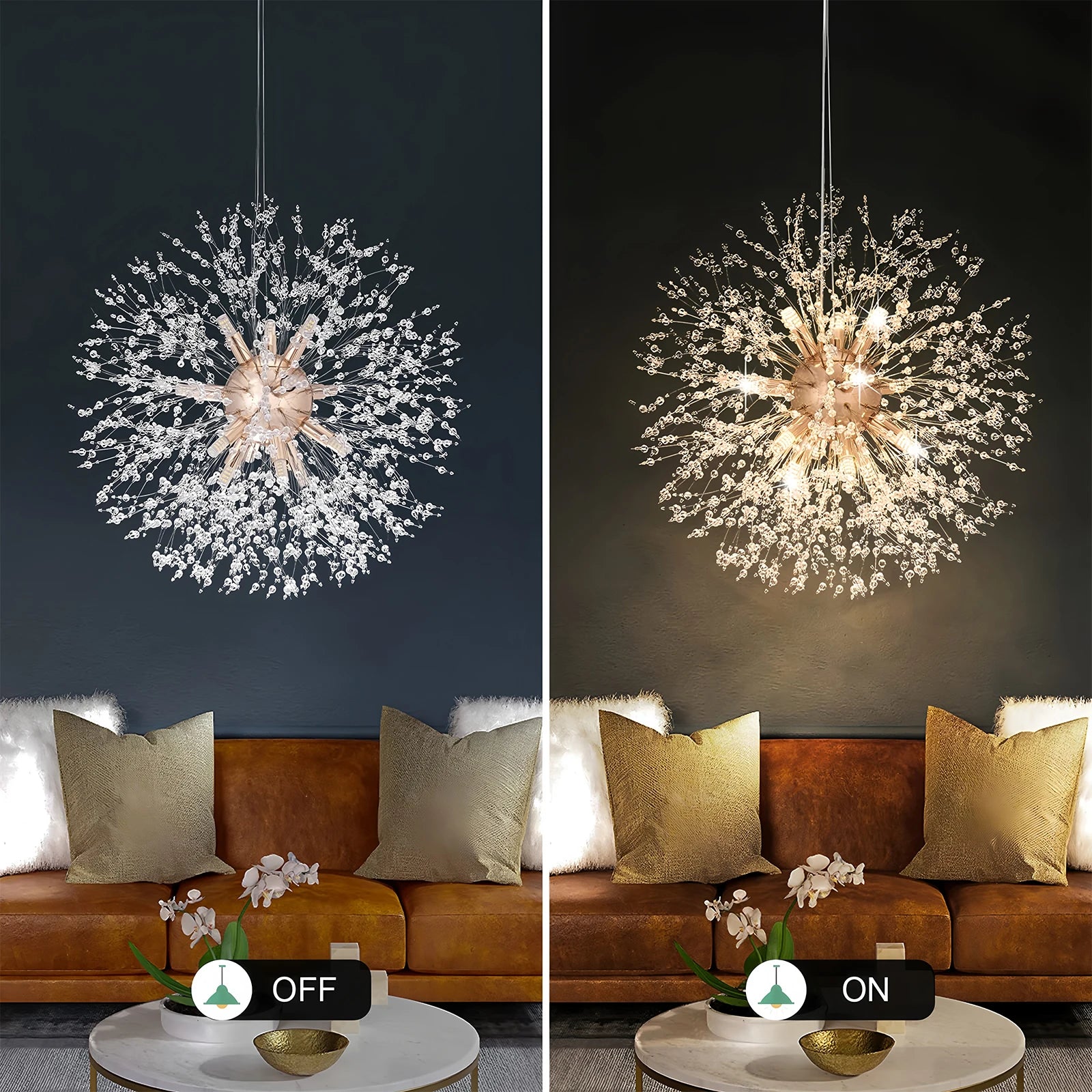 Moderne LED Hanglamp Paardenbloem Kristal – Luxe Kroonluchter Design (Goud/Zilver)