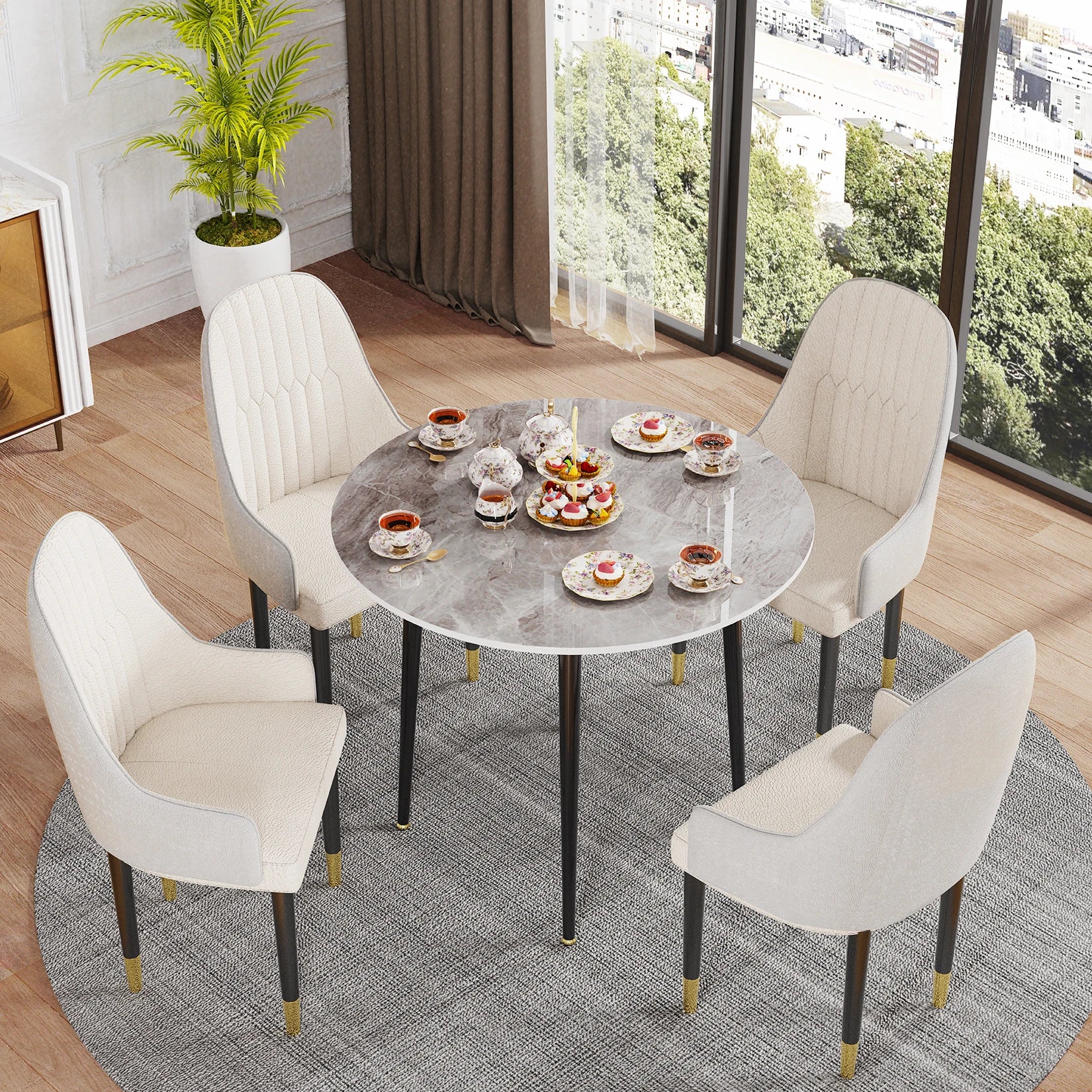 Ronde Eettafel 80 cm Sintersteen – Moderne Marmer Look Tafel met Zwarte Metalen Poten voor 2-4 Personen