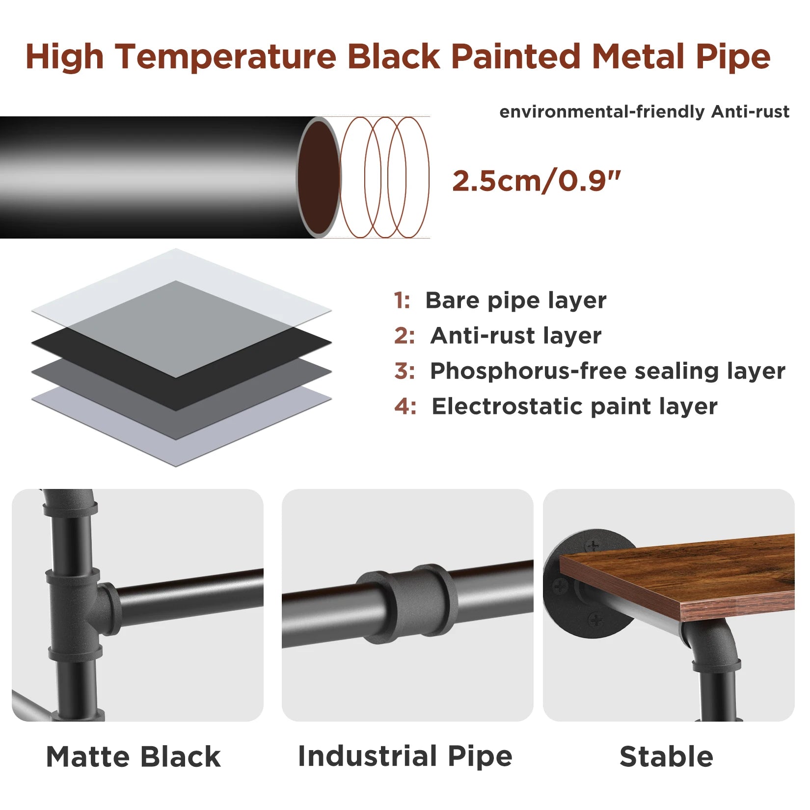 Industrieel Kledingrek Wand met Houten Plank – Metalen Pipe Wandrek met Opbergplank en Haken