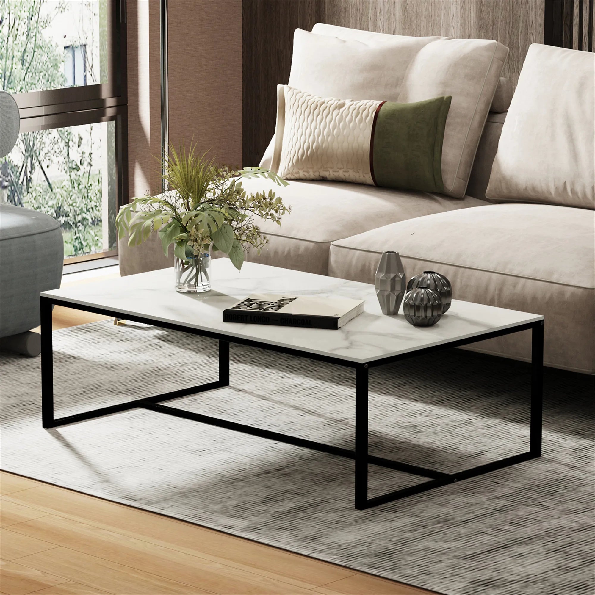 Salontafel van Gesinterd Steen – Moderne Rechthoekige Tafel met Zwart Metalen Frame – Grijs Tafelblad – Luxe & Duurzaam Design