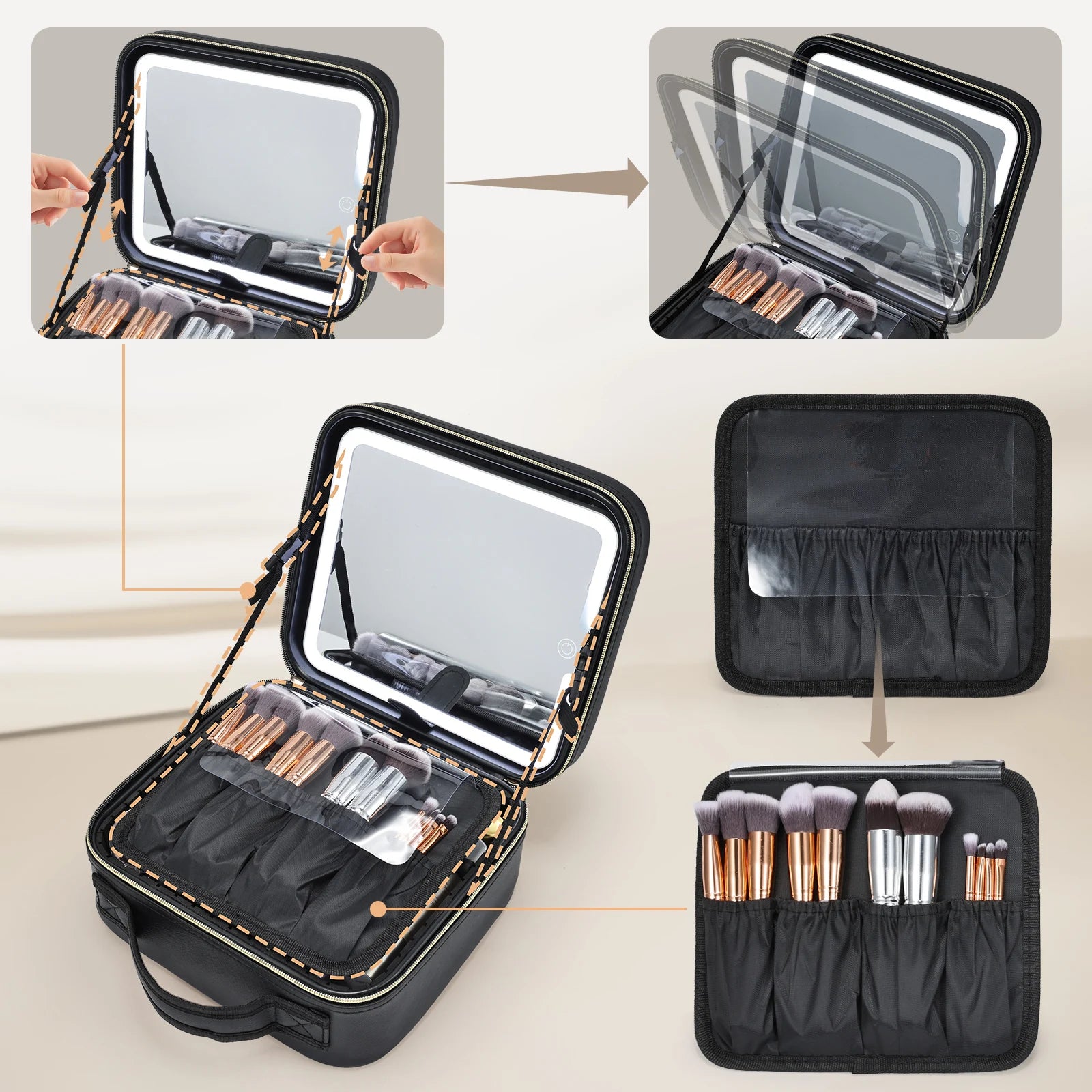 LED Make-uptasje met Spiegel – 3 Lichtstanden – Reismake-uptasje Waterdicht en Compact voor Cosmetica