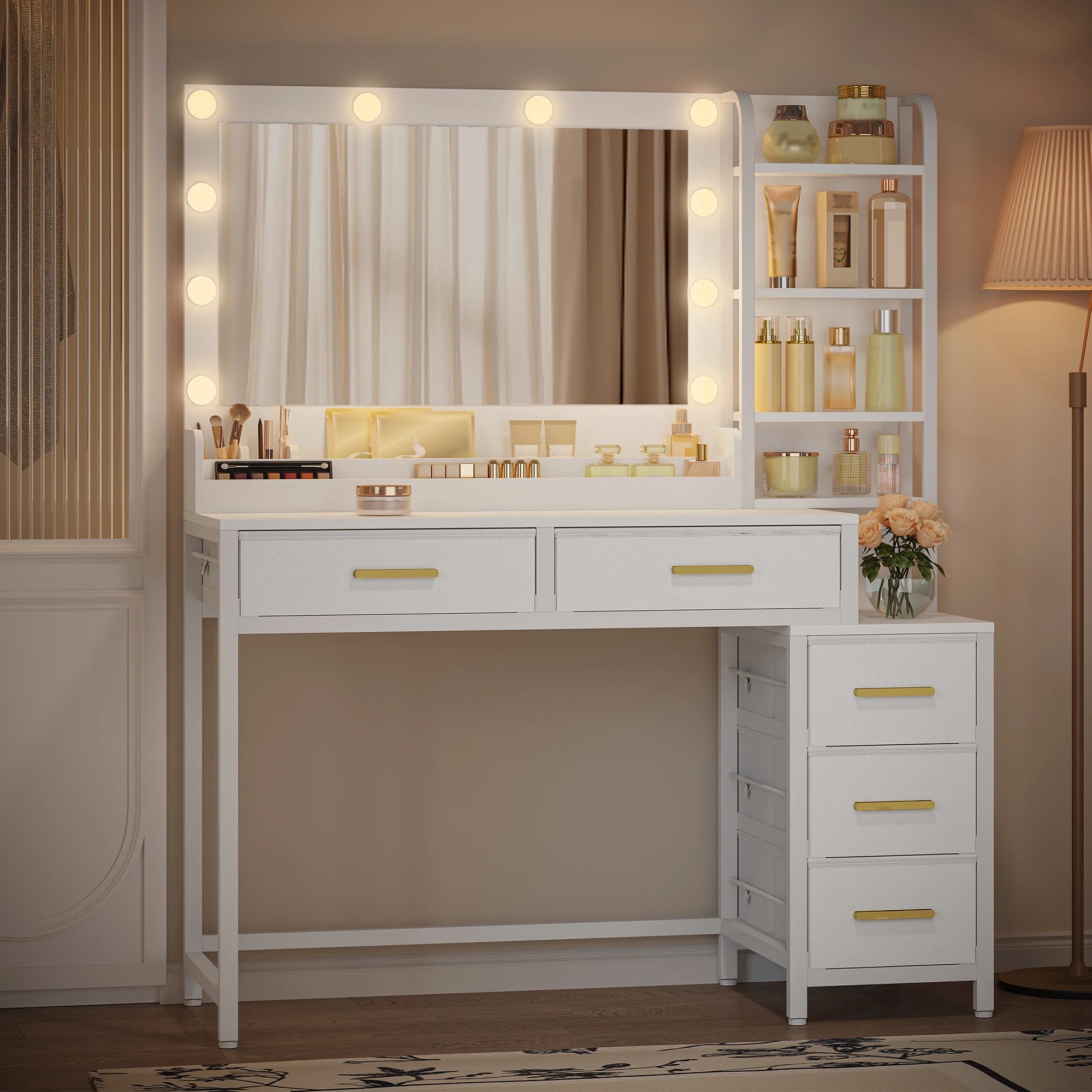 Moderne Make‑up Dressing Table met Grote Spiegel en 5 Laden – Stijlvolle Opbergoplossing