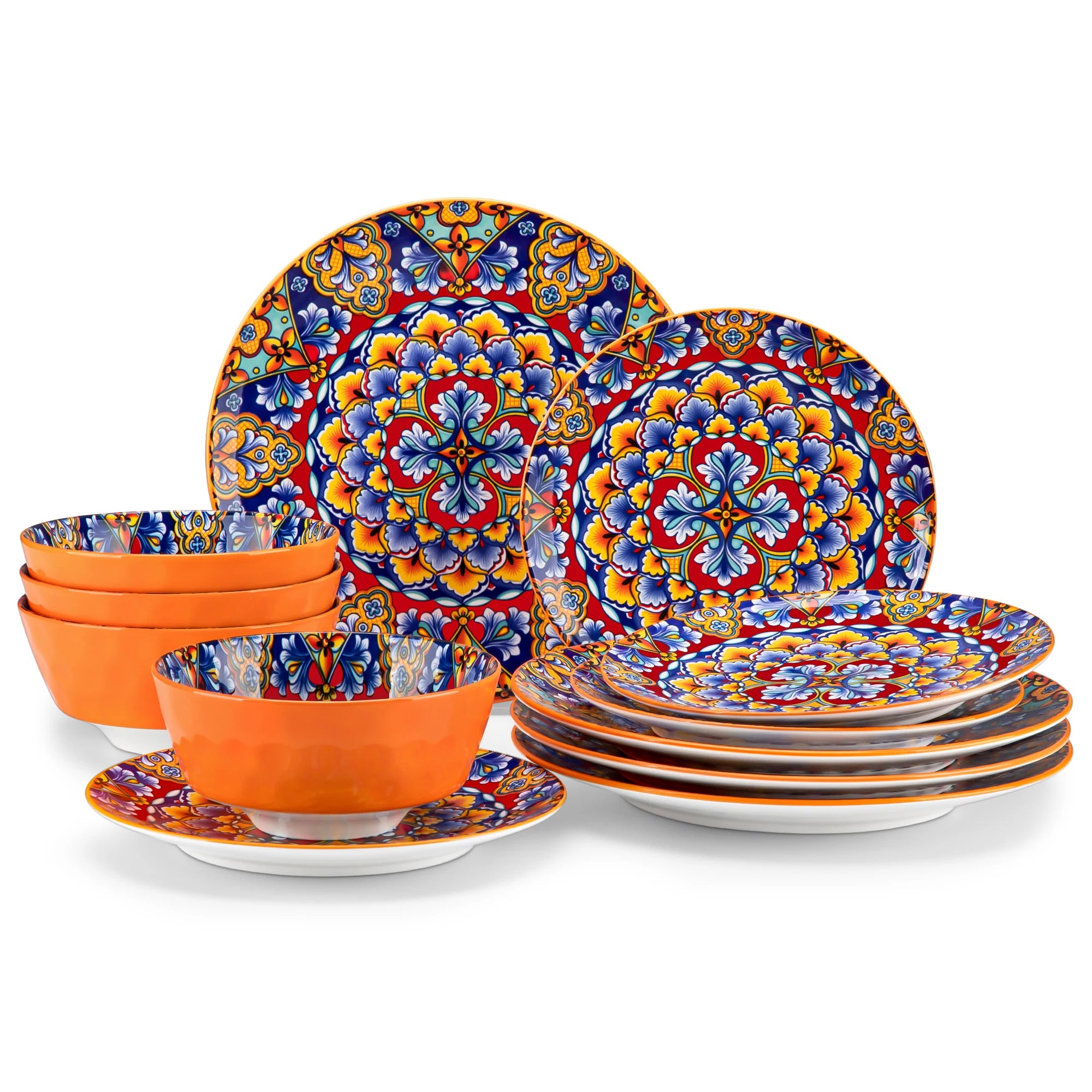 Boheemse 12-delige Keramische Servies Set – Porselein Dinerborden, Dessertborden & Kommen – Boho Servies met Bloemen Design