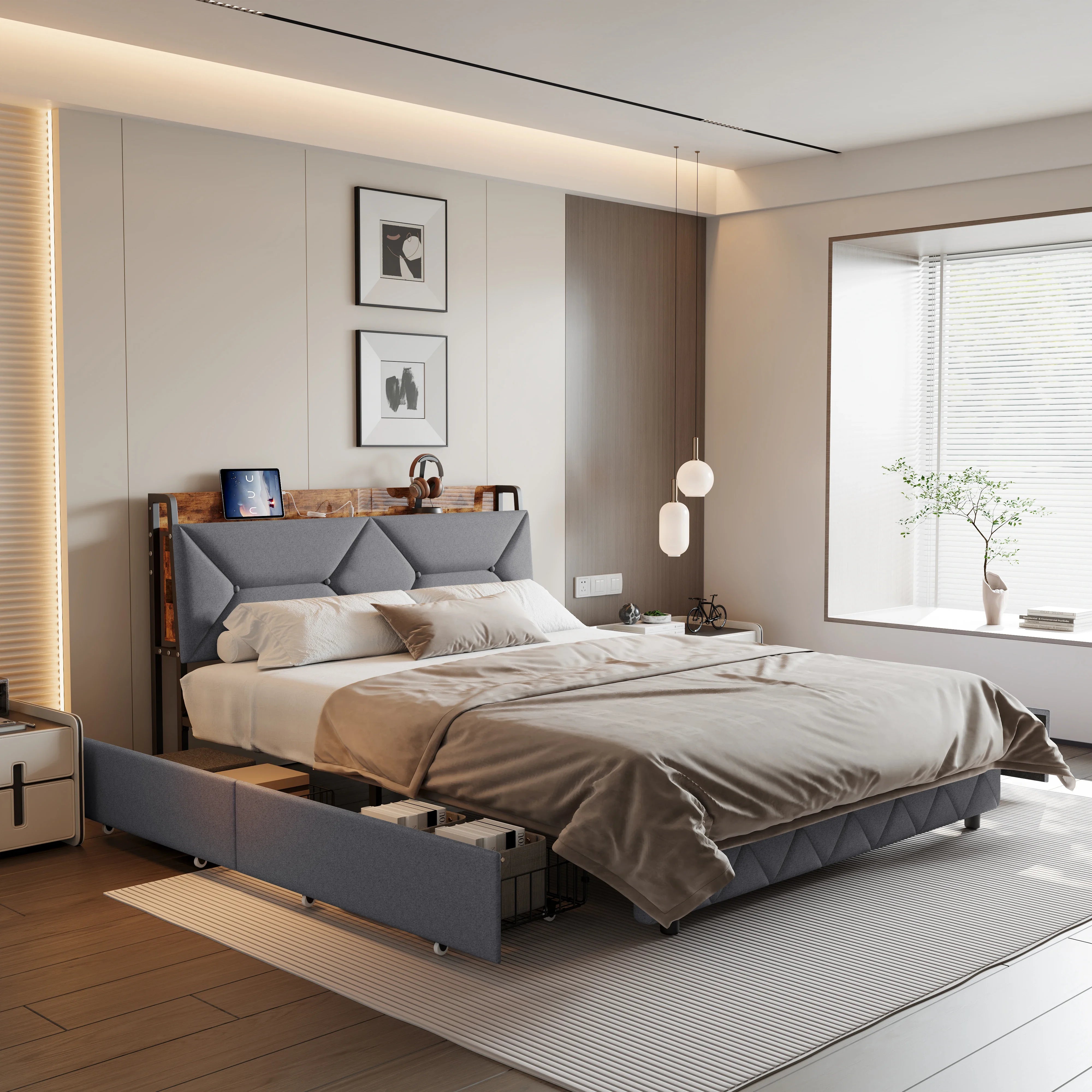 Gestoffeerd tweepersoonsbed met LED‑verlichting, USB‑oplaadfunctie en 4 lades – ideaal voor moderne slaapkamers