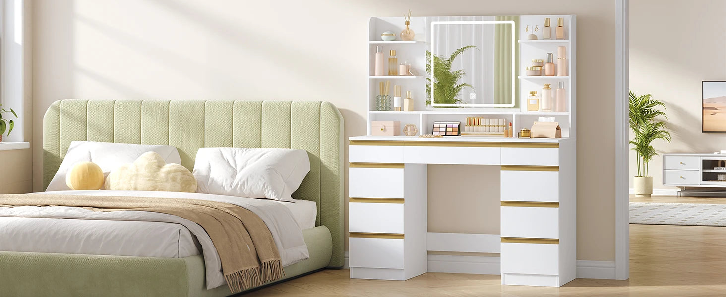 Kaptafel met LED Verlichting en Spiegel – 9 Laden & 9 Opbergvakken – Moderne Make-up Tafel met Verstelbare Verlichting – Wit Goud