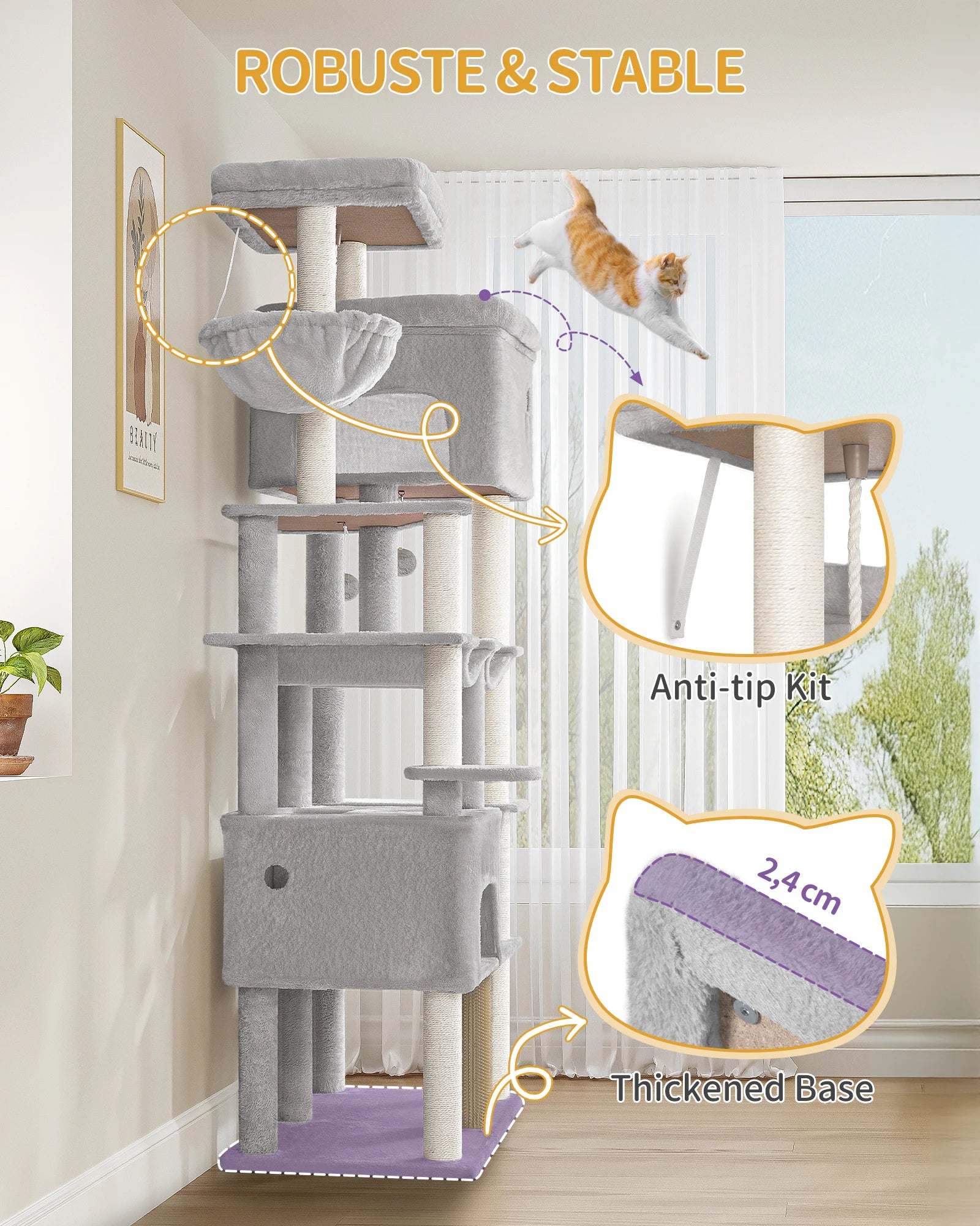 Grote Krabpaal voor Katten XXL – 200 cm Kattenboom met 10 Sisalpalen, 2 Huisjes, Hangmatten & Platform – Voor Grote Katten