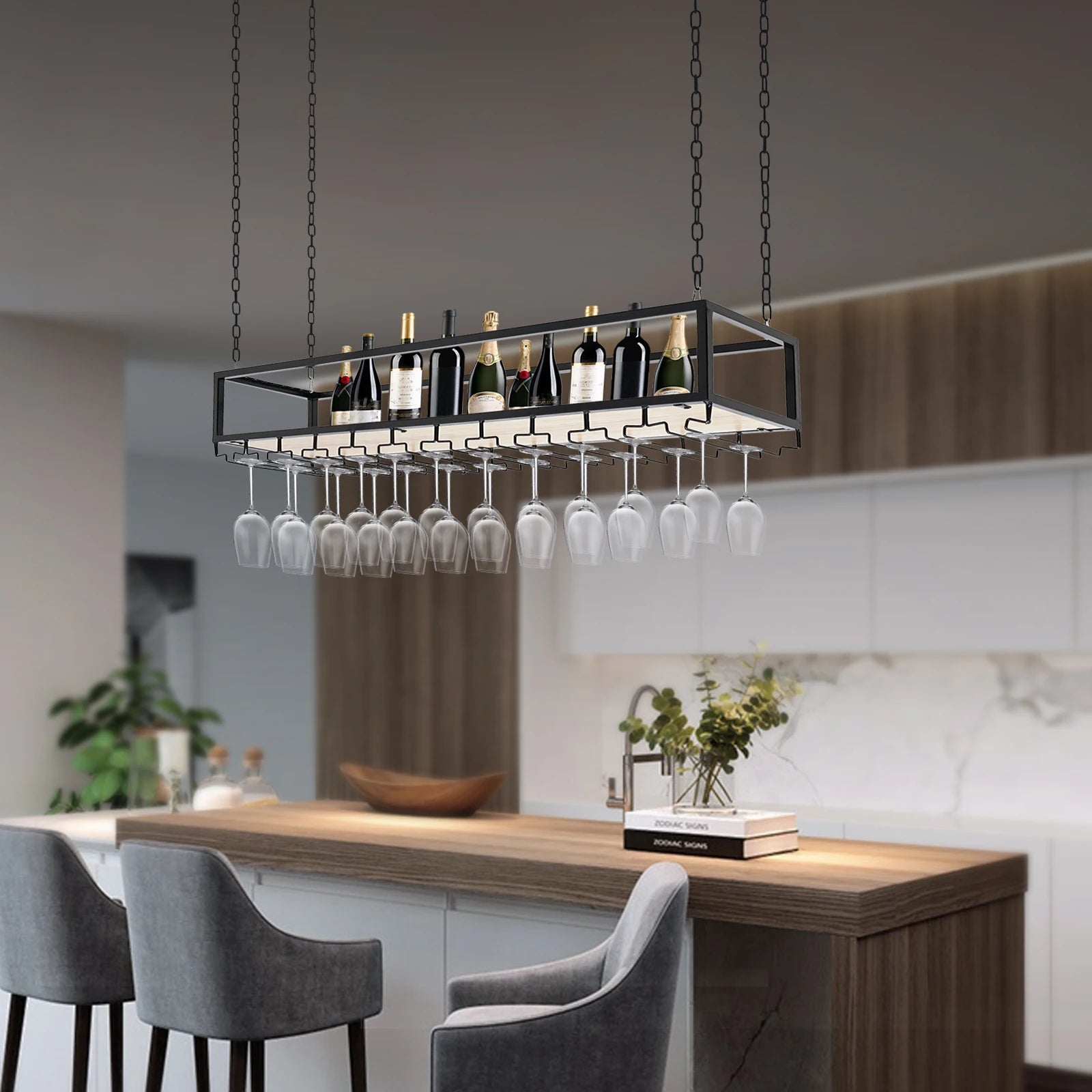 Hangend Wijnrek Industrieel met Glazenhouder – Vintage Plafond Wijnrek Metaal & Hout