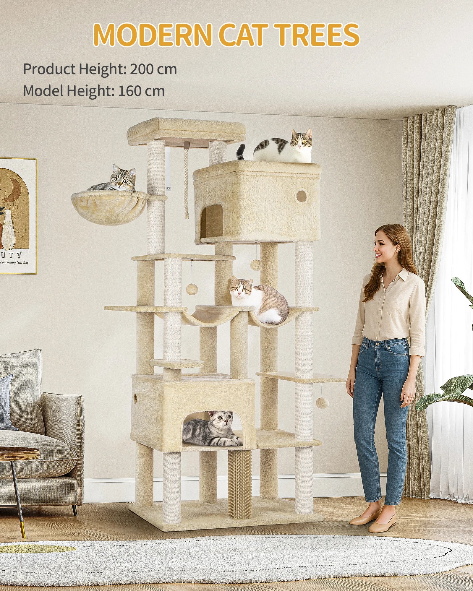 Grote Krabpaal voor Katten XXL – 200 cm Kattenboom met 10 Sisalpalen, 2 Huisjes, Hangmatten & Platform – Voor Grote Katten