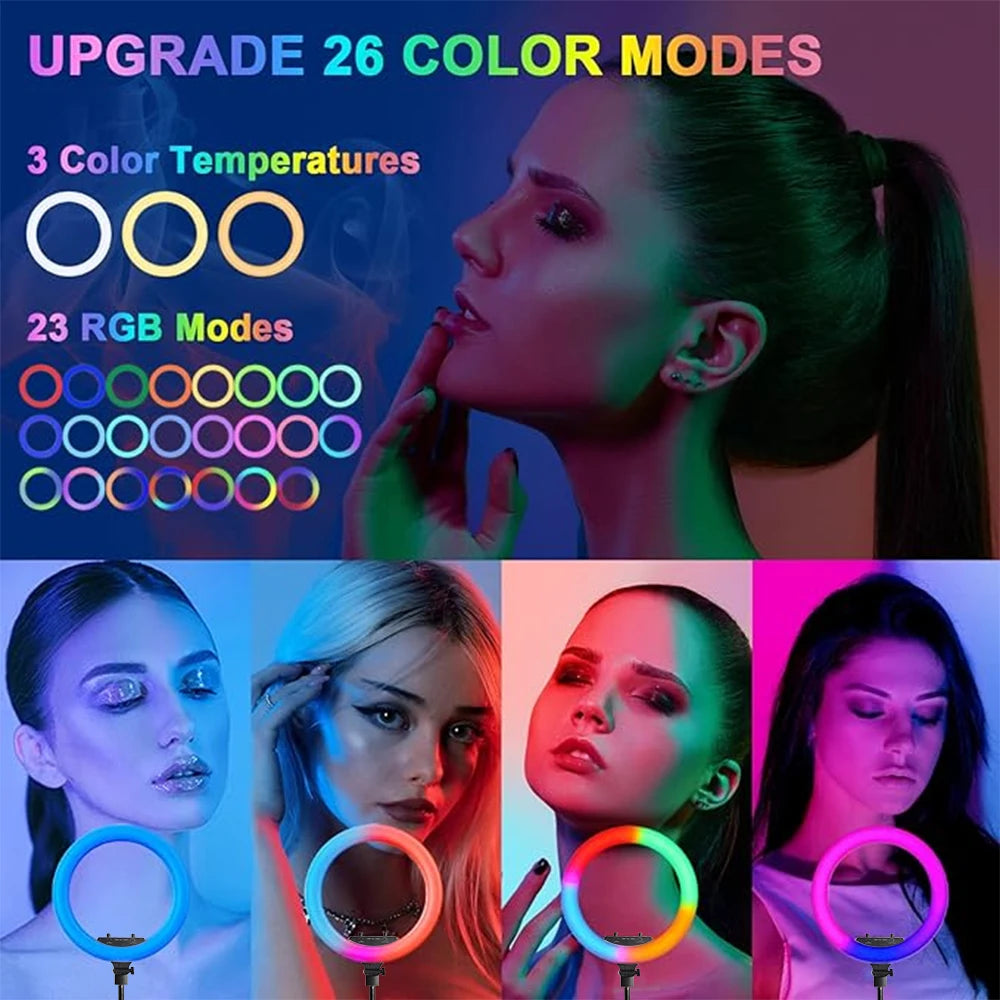 Dimbare 18 Inch RGB Selfie Ringlamp met Tripod en Telefoonhouder – Make-up, YouTube en Fotografie Studio Verlichting