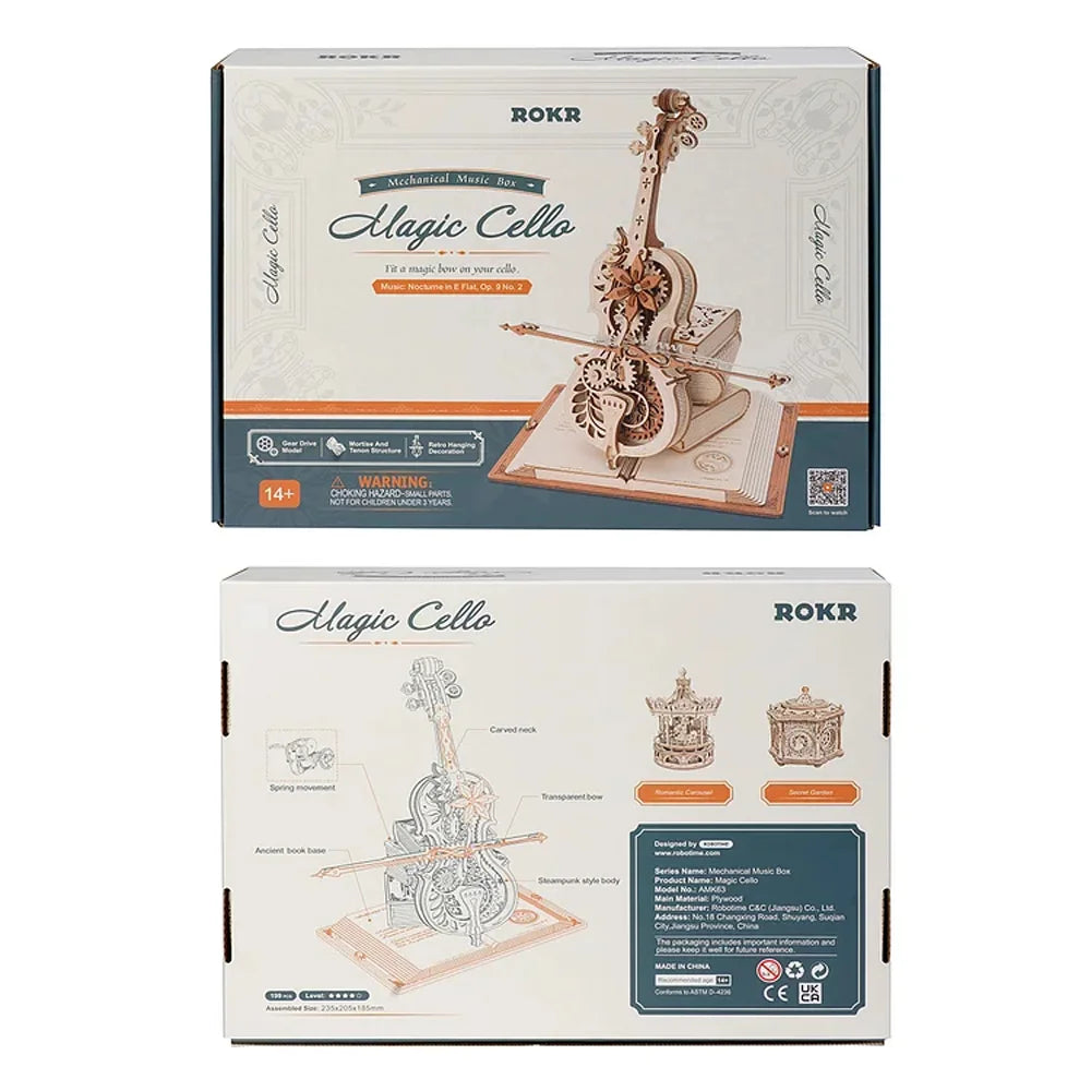 3D Houten Puzzel Cello Muziekdoos – Mechanisch Bouwpakket Creatief Speelgoed voor Kinderen en Volwassenen