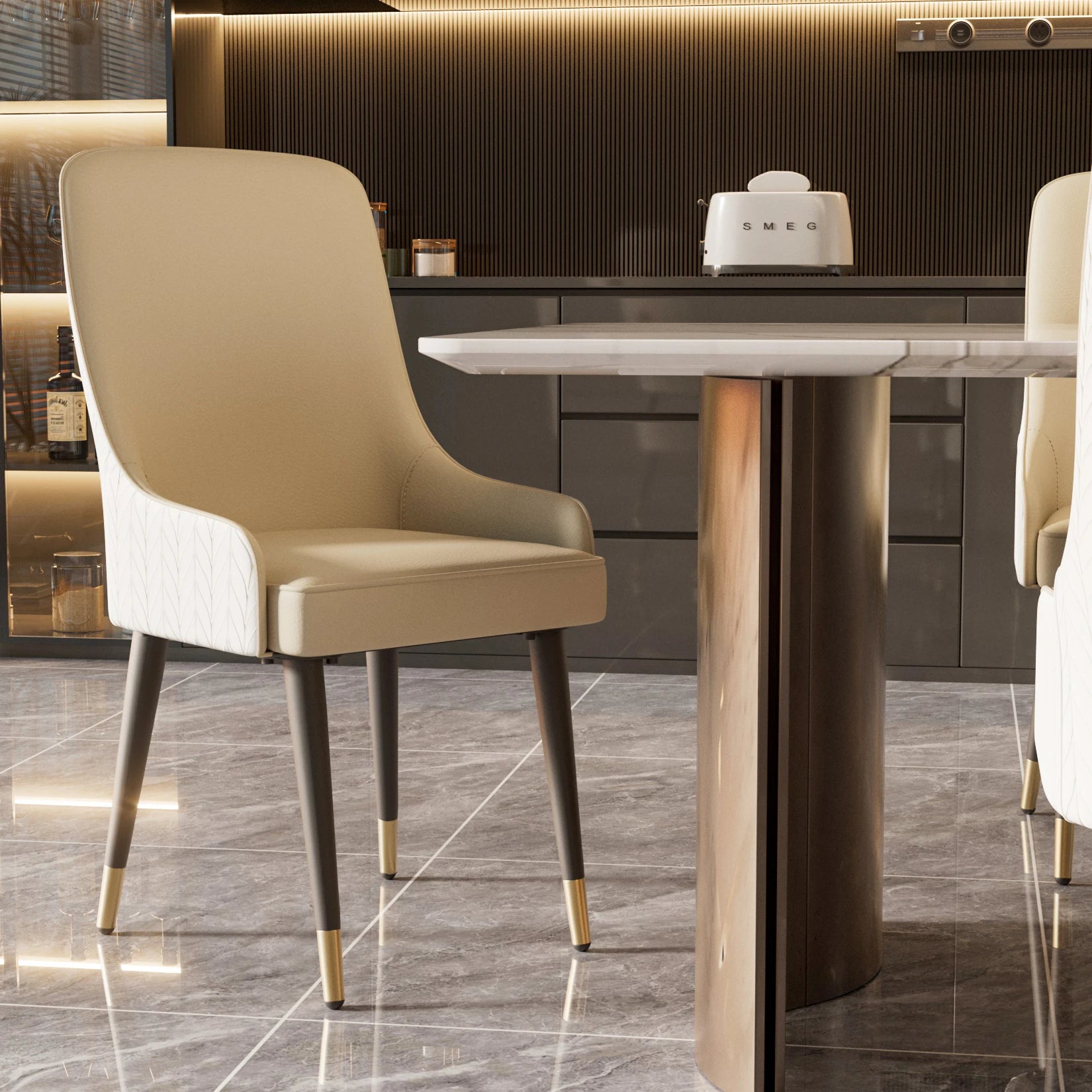 Moderne Eetkamerstoelen Set van 2 – PU Leer met Leeuwenkop Trekring en Metalen Poten