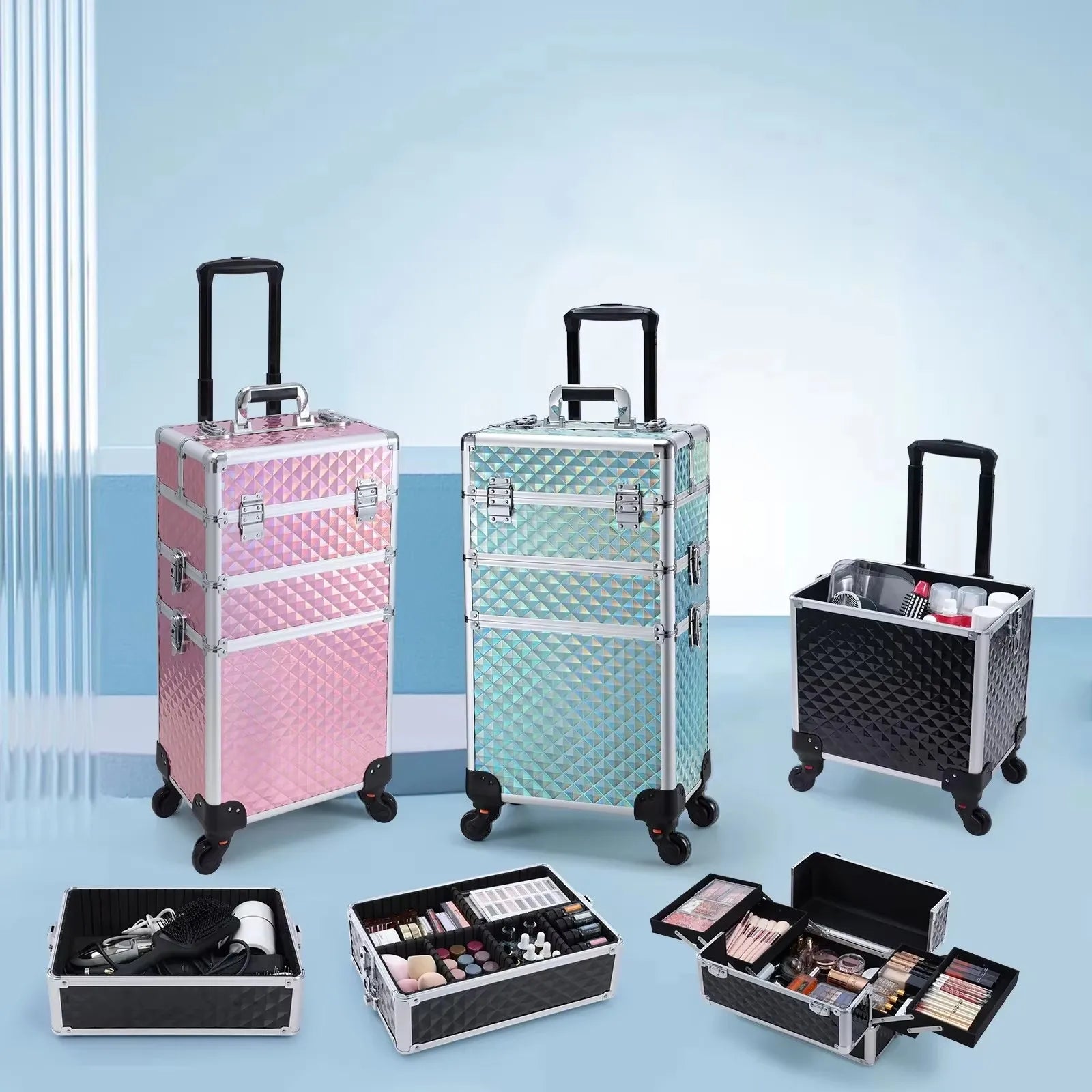 Rollende Make-up Koffer 3-in-1 – Professionele Cosmetica Trolley met Wieltjes, Slot en Afneembare Koffer – Beauty Organizer voor Salon en Reizen