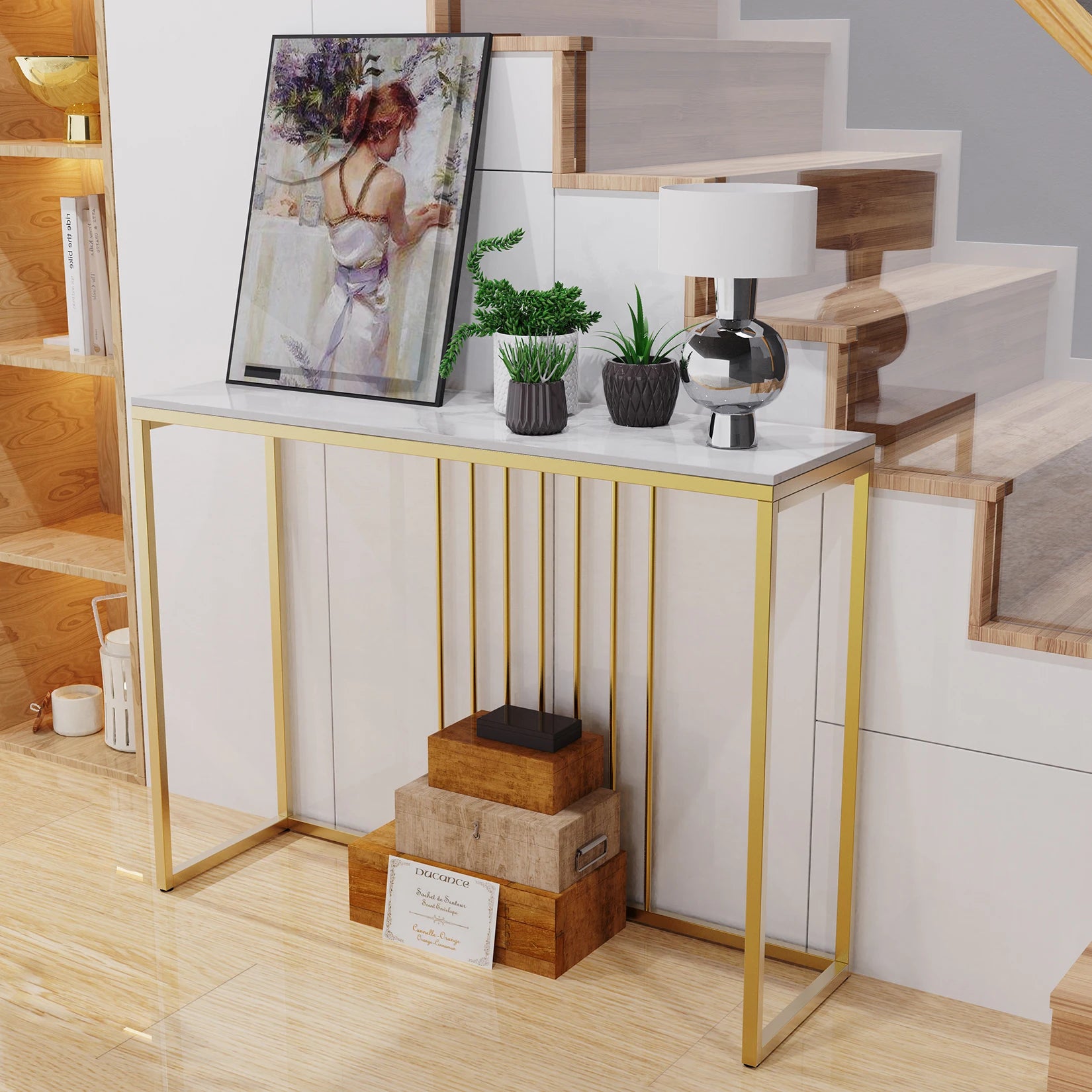 Moderne Marmeren Sidetable met Goud Frame – Smalle Console Tafel voor Hal, Entree en Woonkamer