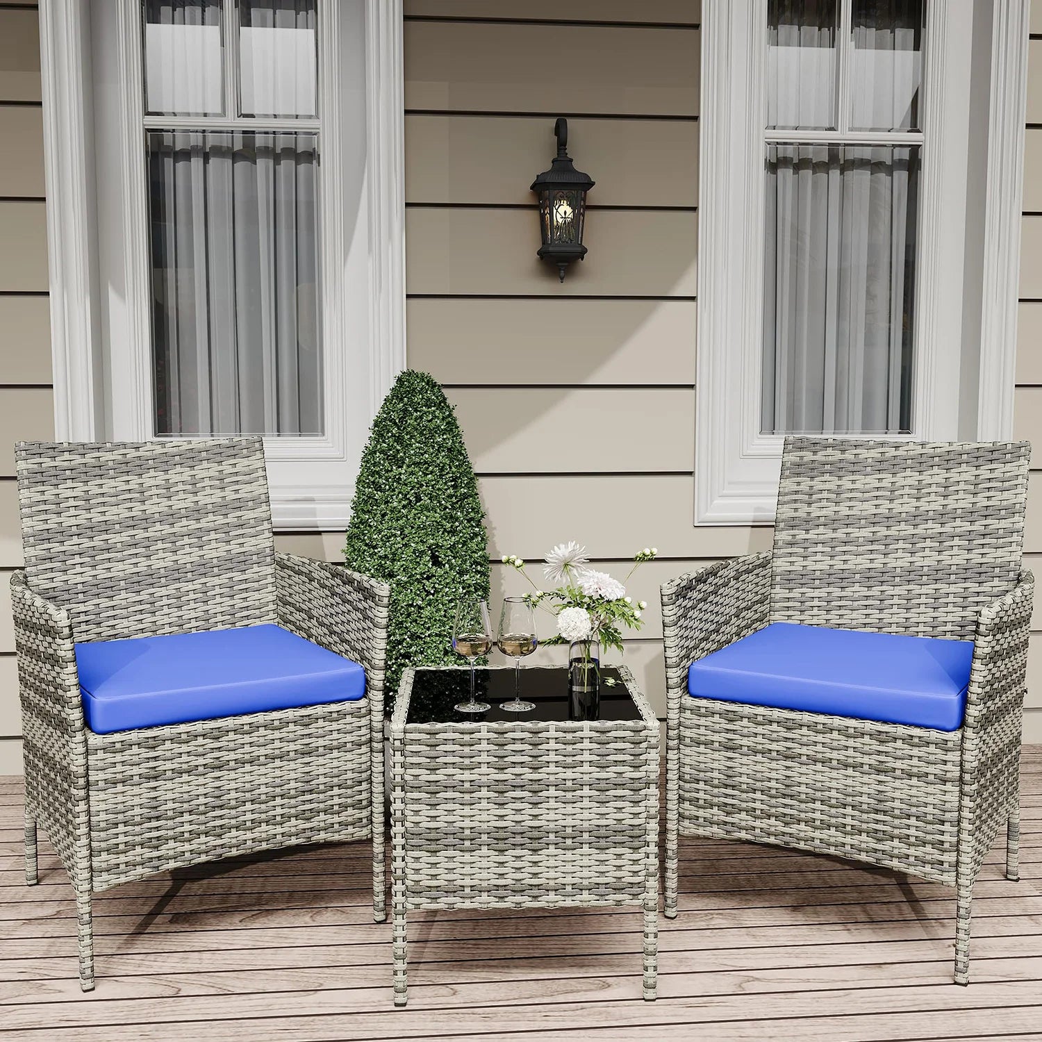 3-Delige Rotan Bistroset met Kussens – 2 Tuinstoelen & Glazen Salontafel – Tuinset voor Tuin, Terras & Veranda