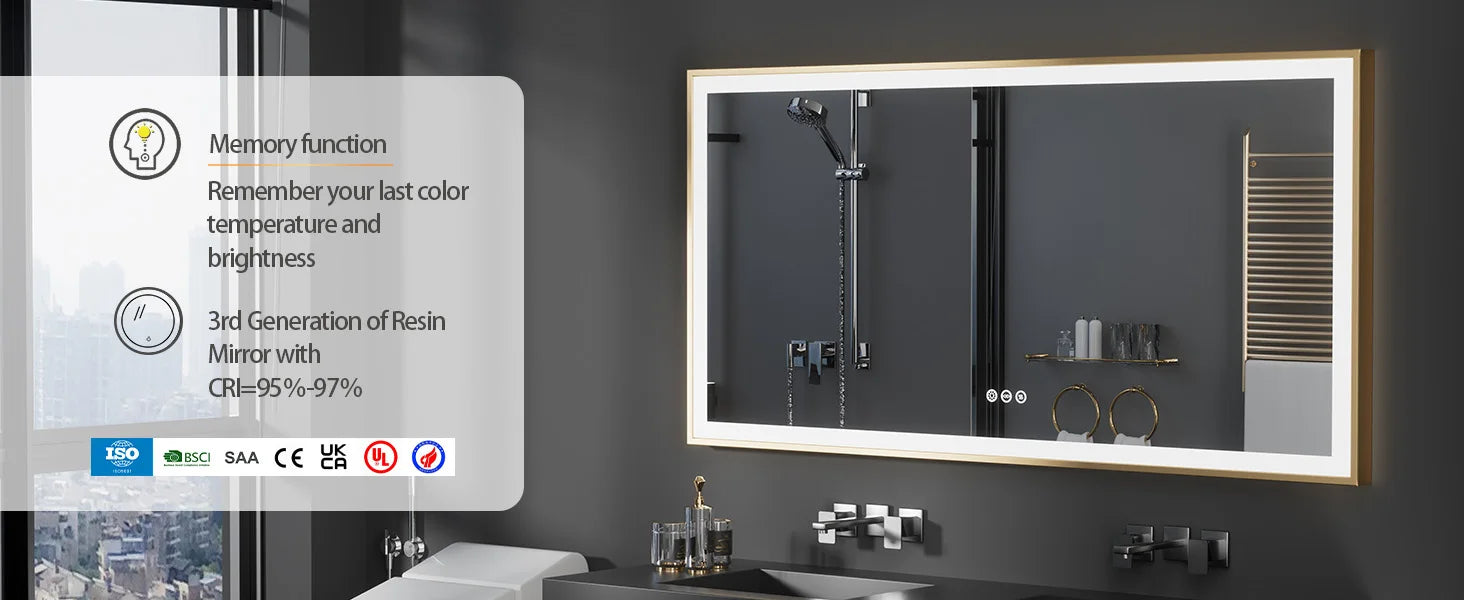 LED Badkamerspiegel Goud Frame – Dimbaar met 3 Lichtkleuren & Anti-Condens
