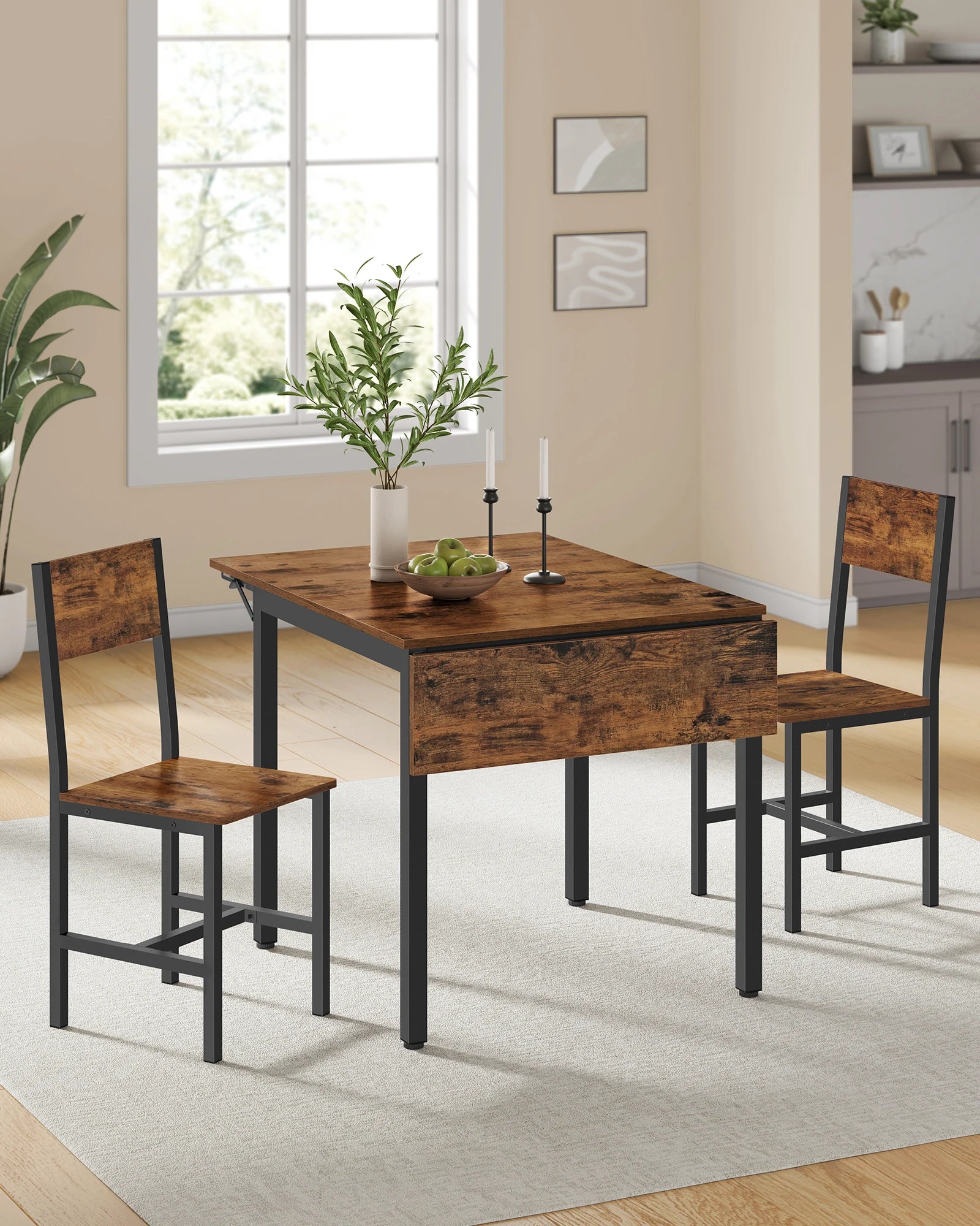 Eettafelset met 2 Stoelen – Keukentafel met Deels Opklapbaar Blad