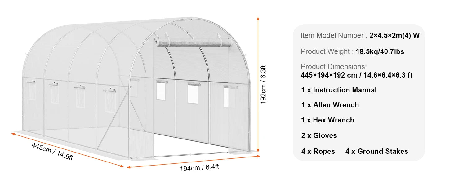 Wandelbare Tunnelkas met Stalen Frame 345×195×192 cm – Grote Inloop Tuinkas met PE Afdekking, Ritsdeur en Ventilatieramen