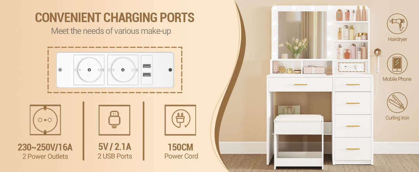 Kaptafel met LED Verlichting en Spiegel – 3 Lichtkleuren, 5 Laden, Stopcontact & USB – Inclusief Kruk – Wit Modern Design