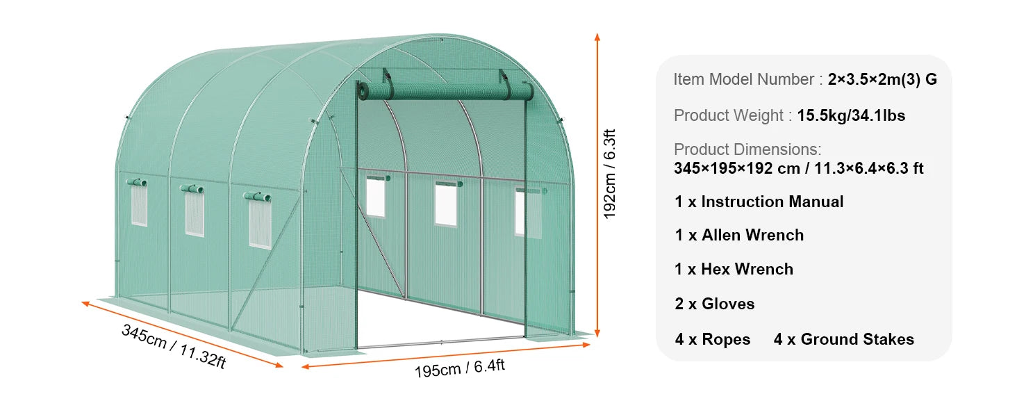 Wandelbare Tunnelkas met Stalen Frame 345×195×192 cm – Grote Inloop Tuinkas met PE Afdekking, Ritsdeur en Ventilatieramen
